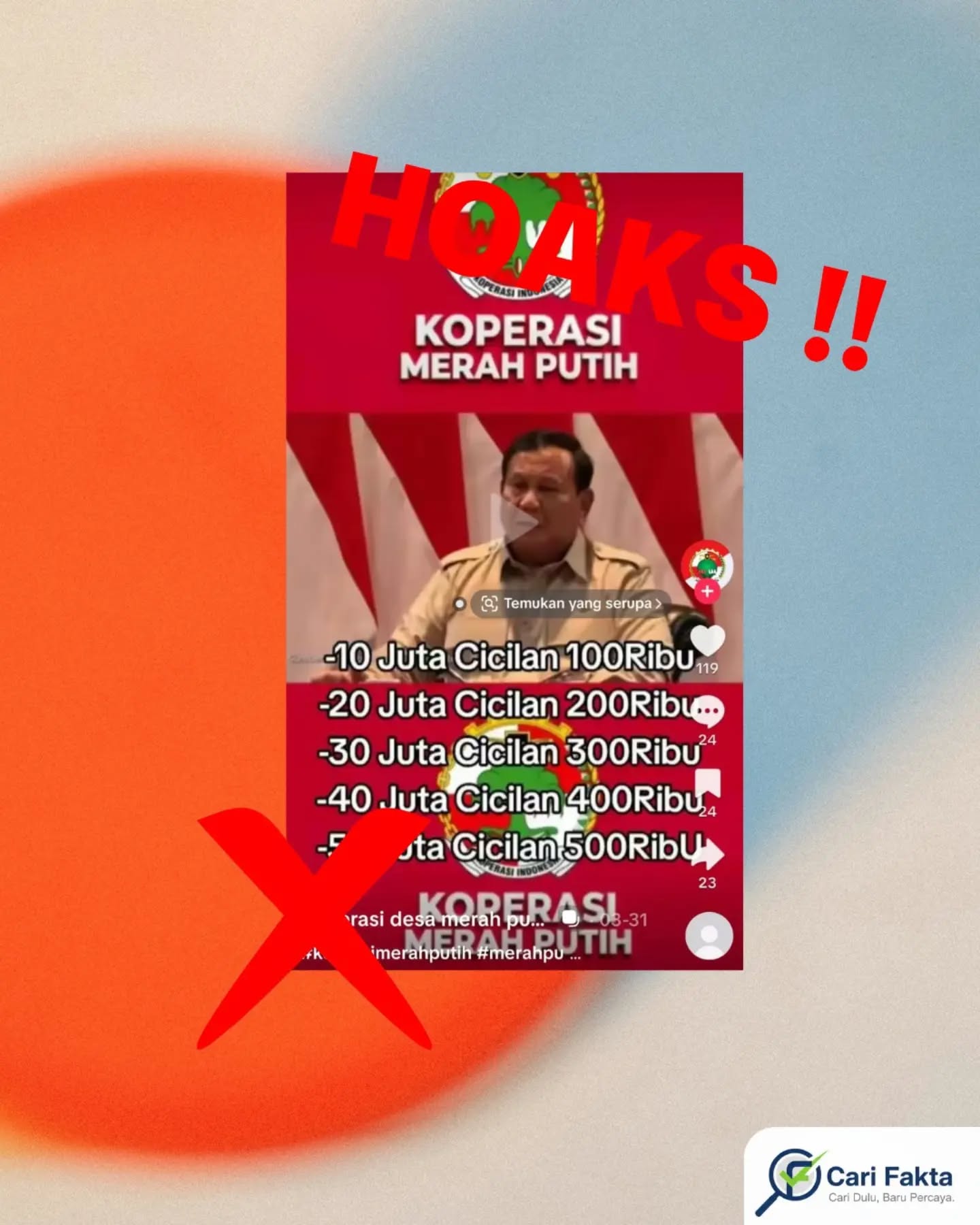 ️Pinjaman Online Mengatasnamakan Koperasi Desa Merah Putih Dipastikan Penipuan️Beredar video yang mengatasnamakan program Koperasi Desa Merah Putih dan menawarkan pinjaman hingga ratusan juta rupiah lengkap dengan simulasi cicilan. Unggahan ini mengklaim pinjaman bisa diajukan secara online dengan proses mudah, sehingga ramai diperbincangkan warganet. Faktanya, pemerintah menegaskan tidak ada program pinjaman instan seperti itu. Menteri Koperasi, Ferry Juliantono, menyebut Koperasi Desa Merah Putih bertujuan membangun ekonomi desa, bukan memberikan pinjaman cepat tanpa prosedur, melainkan fokus pada penguatan usaha dan kesejahteraan masyarakat.Masyarakat diimbau untuk selalu waspada terhadap informasi yang beredar di media sosial, terutama yang menawarkan pinjaman dengan proses mudah dan tanpa syarat yang jelas. Jangan mudah percaya pada konten yang mencatut nama lembaga resmi. Pastikan untuk memverifikasi informasi melalui sumber terpercaya, serta hindari memberikan data pribadi atau menghubungi pihak yang tidak jelas.