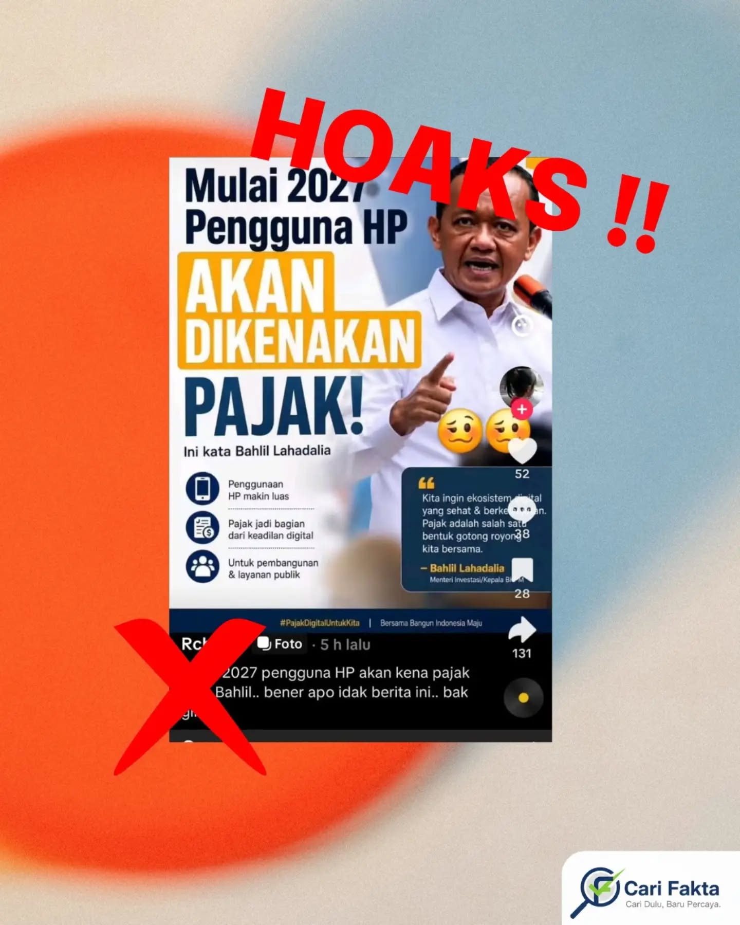 ️Klaim Mulai 2027 Pengguna HP Akan Dikenakan Pajak Dipastikan HOAKS️Beredar di media sosial unggahan yang menyebut Bahlil Lahadalia mengatakan bahwa mulai tahun 2027 pengguna handphone (HP) akan dikenakan pajak. Informasi ini disertai gambar dan kutipan seolah-olah merupakan pernyataan resmi pemerintah. Faktanya, klaim tersebut tidak benar (hoaks). Hasil penelusuran menunjukkan tidak ada kebijakan maupun pernyataan resmi dari pemerintah terkait pajak khusus bagi pengguna HP pada tahun 2027. Lebih lanjut, klarifikasi juga disampaikan oleh Dwi Anggia yg menegaskan bahwa informasi yang beredar adalah tidak benar. Selain itu, konten yang beredar diketahui menggunakan foto lama yang tidak terkait dengan isu pajak HP, sehingga termasuk dalam kategori konteks yang salah (misleading/fabricated content). Jangan mudah percaya dengan informasi yang belum jelas sumber resminya. Selalu cek kebenaran berita melalui kanal resmi pemerintah atau media kredibel. Waspadai konten dengan judul provokatif yang mencatut nama pejabat.