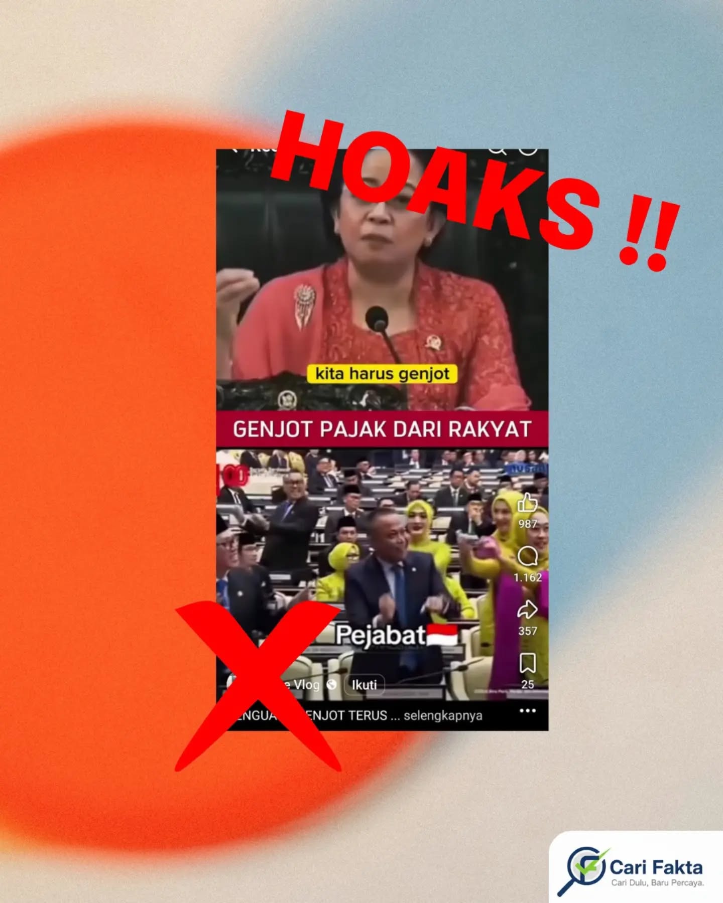️Klaim Puan Maharani Minta Pemerintah “Genjot Pajak” adalah Hoaks️Beredar di media sosial sebuah video yang menampilkan Puan Maharani seolah-olah menyatakan bahwa pemerintah harus “menggenjot pajak dari rakyat”. Narasi ini kemudian memicu persepsi negatif seakan-akan ada dorongan untuk menaikkan beban pajak masyarakat.Faktanya, video tersebut merupakan hasil manipulasi (deepfake) menggunakan teknologi AI. Rekaman asli adalah pidato Puan Maharani saat rapat paripurna DPR RI pada 16 Agustus 2022, yang tidak membahas atau meminta penggenjotan pajak rakyat. Terdapat perbedaan suara dan indikasi rekayasa digital pada video yang beredar. Kesimpulannya klaim bahwa Puan Maharani meminta pemerintah menggenjot pajak dari rakyat adalah HOAKS. Video yang beredar adalah konten manipulasi (deepfake) yang memotong dan mengubah konteks pidato. Masyarakat diimbau untuk jangan langsung percaya pada potongan video tanpa konteks. Selalu cek ke sumber resmi atau situs cek fakta sebelum menyebarkan. Waspadai konten editan AI/deepfake yang semakin sering digunakan untuk menyesatkan opini publik.