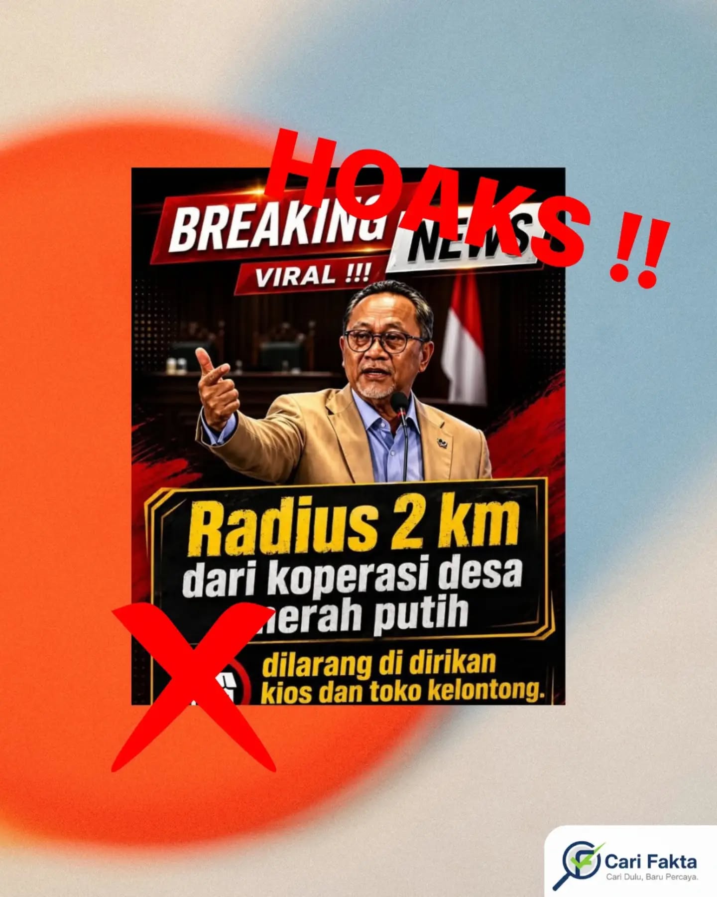 ️Klaim Larangan Mendirikan Kios dalam Radius 2 Km dari Koperasi Desa Merah Putih adalah Hoaks️Beredar di media sosial sebuah unggahan yang mengklaim bahwa dalam radius 2 kilometer dari Koperasi Desa (Kopdes) Merah Putih dilarang mendirikan kios dan toko kelontong, bahkan disebutkan usaha yang sudah ada harus pindah atau akan dikenakan sanksi. Narasi ini menimbulkan kekhawatiran di masyarakat karena dianggap dapat mematikan usaha kecil di desa.Berdasarkan klarifikasi dari Kementerian Komunikasi dan Digital (Komdigi), informasi tersebut tidak benar atau hoaks. Tidak ada kebijakan resmi yang melarang pendirian kios atau toko kelontong dalam radius tertentu dari Kopdes Merah Putih. Faktanya, pemerintah justru menegaskan bahwa keberadaan Koperasi Desa Merah Putih tidak bertujuan mematikan usaha kecil, melainkan untuk memperkuat ekosistem ekonomi desa agar bisa tumbuh bersama. Klaim mengenai larangan radius 2 km tersebut merupakan konten yang menyesatkan dan tidak memiliki dasar kebijakan resmi. Masyarakat diimbau untuk jangan mudah percaya pada konten “breaking news” di media sosial tanpa sumber resmi. Selalu cek informasi melalui situs resmi pemerintah atau kanal cek fakta. Waspadai narasi provokatif yang dapat menimbulkan keresahan di masyarakat.