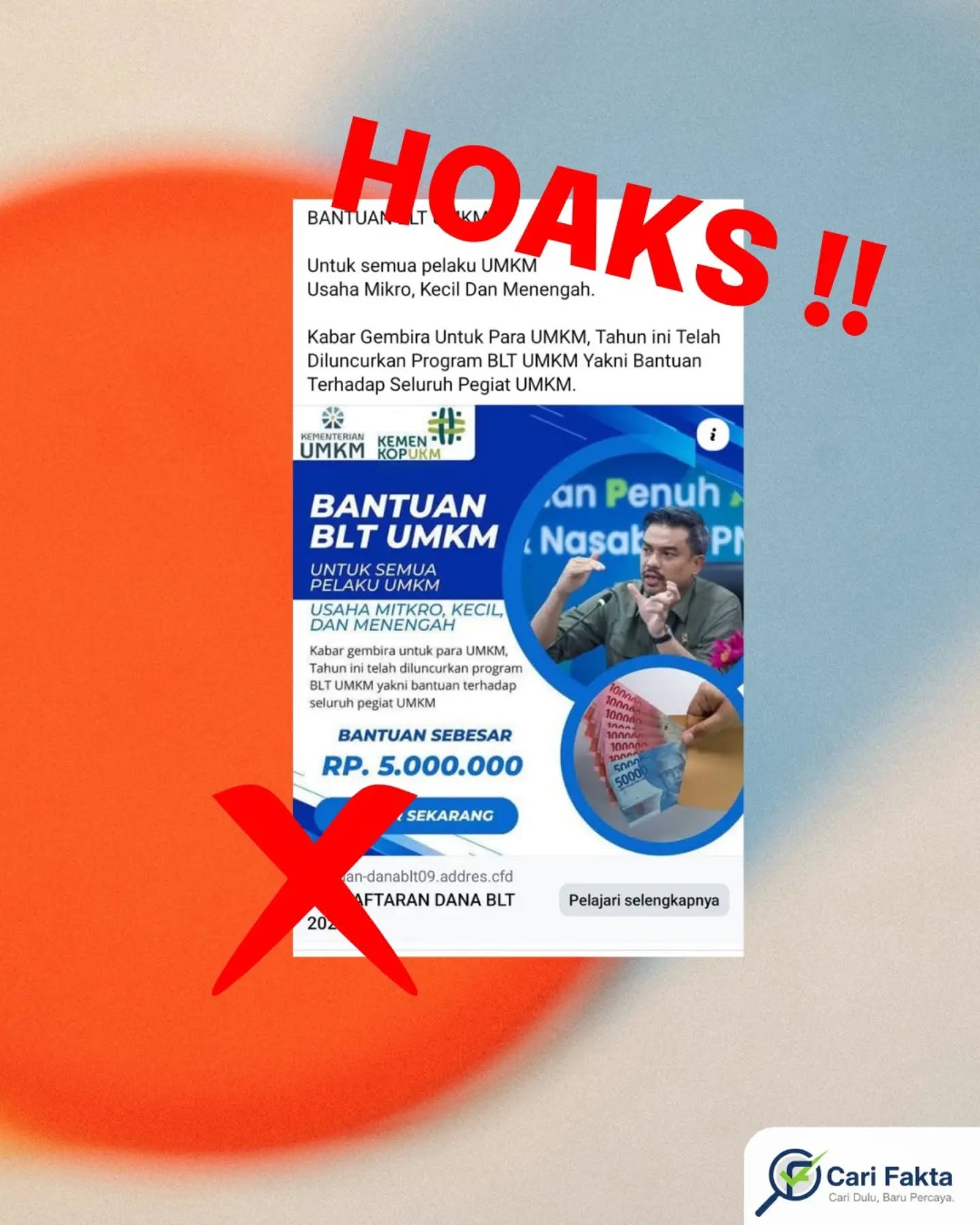️Tautan Pendaftaran BLT UMKM Sebesar Rp5 Juta di Facebook Tidak Benar️Beredar di media sosial sebuah unggahan yang mengklaim adanya program Bantuan Langsung Tunai (BLT) UMKM tahun 2026 sebesar Rp5.000.000 untuk seluruh pelaku usaha mikro, kecil, dan menengah. Unggahan tersebut juga menyertakan tautan pendaftaran dengan ajakan “daftar sekarang” yang diklaim sebagai program resmi dari pemerintah.Faktanya, berdasarkan klarifikasi dari Kementerian Komunikasi dan Digital (Komdigi), informasi tersebut tidak benar (hoaks). Tautan yang beredar bukan berasal dari situs resmi pemerintah dan tidak terverifikasi sebagai program resmi. Kementerian UMKM telah menegaskan bahwa klaim bantuan tersebut merupakan modus penipuan yang sering berulang. Informasi resmi terkait bantuan pemerintah hanya diumumkan melalui kanal resmi pemerintah dan lembaga terkait. Masyarakat diimbau untuk tidak mudah percaya pada informasi bantuan yang beredar di media sosial tanpa sumber resmi. Tidak mengklik atau mengisi data pribadi pada tautan mencurigakan. Selalu mengecek informasi melalui situs resmi pemerintah (domain .go.id) atau kanal resmi kementerian.