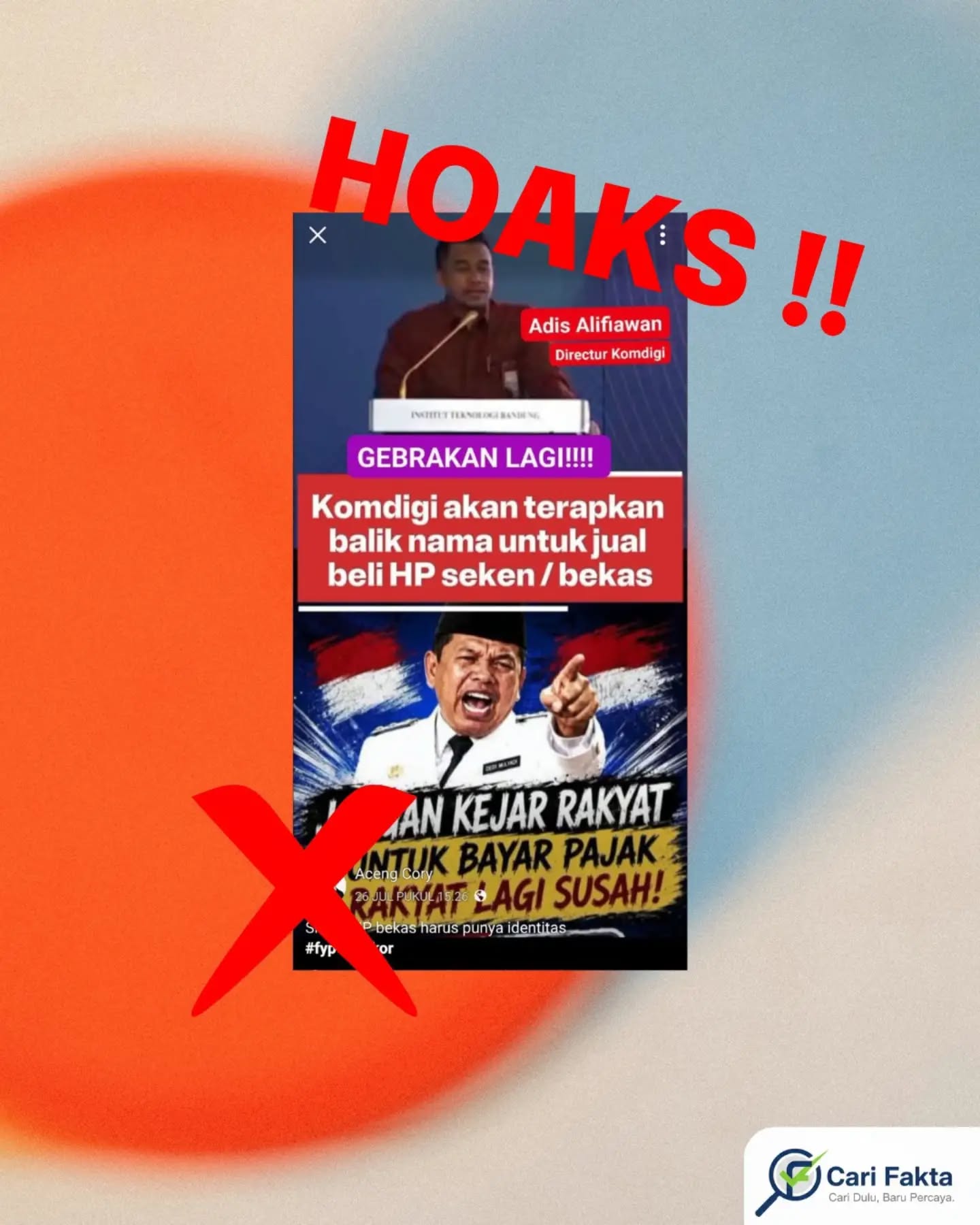 ️HOAKS: Klaim Komdigi Terapkan Balik Nama untuk Jual Beli HP Bekas️Beredar unggahan di Facebook yang menampilkan seorang pejabat dengan narasi bahwa Kementerian Komunikasi dan Digital (Komdigi) akan menerapkan aturan “balik nama” atau kewajiban identitas untuk transaksi jual beli HP bekas. Dalam unggahan tersebut juga disertai kalimat provokatif seolah kebijakan ini akan membebani masyarakat dengan pajak di tengah kondisi ekonomi sulit.Faktanya, berdasarkan klarifikasi resmi dari Kementerian Komunikasi dan Digital (Komdigi), informasi tersebut tidak benar (hoaks). Komdigi tidak pernah mengeluarkan kebijakan terkait kewajiban balik nama atau pengenaan aturan khusus terhadap jual beli HP bekas seperti yang diklaim dalam unggahan tersebut. Narasi yang beredar merupakan konten yang dimanipulasi dan menyesatkan, sering kali memanfaatkan potongan video atau gambar yang tidak sesuai konteks untuk memancing perhatian publik. Informasi resmi kebijakan pemerintah hanya disampaikan melalui kanal resmi kementerian dan situs pemerintah.Masyarakat diimbau untuk tidak mudah percaya terhadap informasi yang beredar di media sosial, terutama yang bersifat provokatif dan tidak mencantumkan sumber resmi. Selalu lakukan verifikasi melalui kanal resmi pemerintah atau situs dengan domain .go.id. Hindari menyebarkan ulang informasi yang belum jelas kebenarannya agar tidak memperkeruh situasi dan menimbulkan keresahan di masyarakat.