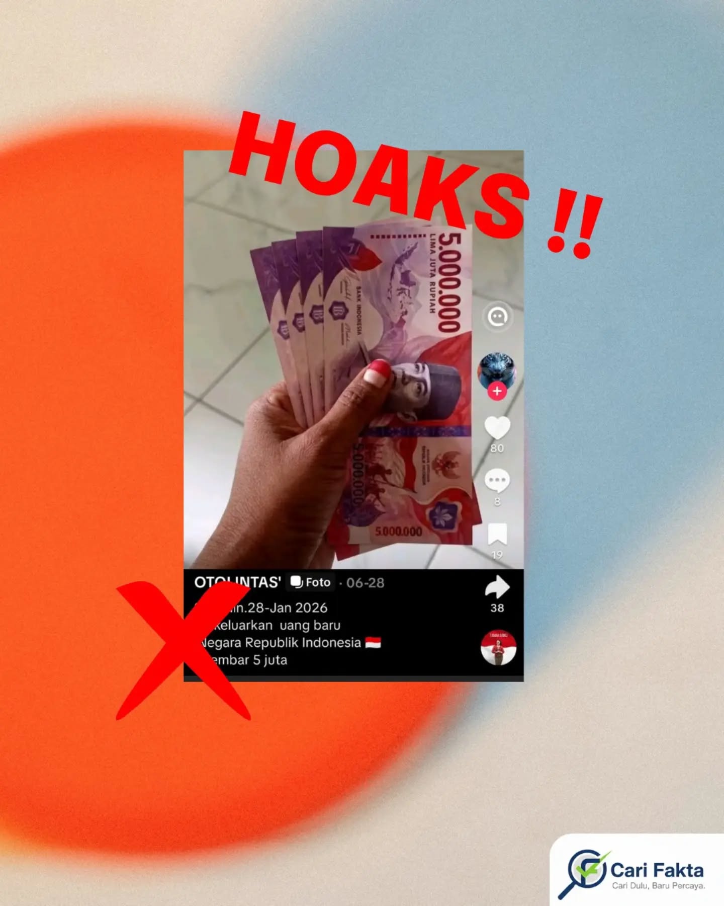 ️HOAKS: Klaim Uang Pecahan Rp5 Juta Resmi Dikeluarkan Indonesia️Beredar di media sosial sebuah unggahan yang menampilkan lembaran uang bertuliskan nominal Rp5.000.000 disertai narasi bahwa pemerintah Indonesia telah resmi mengeluarkan pecahan baru senilai lima juta rupiah dan dapat digunakan sebagai alat transaksi. Unggahan tersebut bahkan menyebut bahwa satu lembar uang bernilai Rp5 juta telah diedarkan secara luas, sehingga memicu perhatian dan kehebohan masyarakat. Informasi ini cepat menyebar melalui berbagai platform digital dan menimbulkan spekulasi terkait kebijakan moneter terbaru di Indonesia.Faktanya, informasi tersebut adalah tidak benar (hoaks). Bank Indonesia menegaskan bahwa hingga saat ini tidak pernah menerbitkan uang rupiah pecahan Rp5 juta sebagai alat pembayaran yang sah. Gambar uang yang beredar diduga merupakan hasil manipulasi atau editan digital, bukan desain resmi yang dikeluarkan oleh otoritas terkait . Otoritas juga memastikan bahwa seluruh uang rupiah yang sah hanya terdiri dari pecahan yang telah ditetapkan dan diumumkan secara resmi kepada publik.Masyarakat diimbau untuk selalu waspada terhadap informasi yang beredar di media sosial, terutama yang berkaitan dengan kebijakan pemerintah atau keuangan. Pastikan kebenaran informasi dengan mengecek sumber resmi seperti Bank Indonesia atau kanal literasi terpercaya seperti Berani Literasi Informasi. Jangan mudah percaya dan menyebarkan informasi yang belum terverifikasi agar terhindar dari penyebaran hoaks yang dapat merugikan banyak pihak.