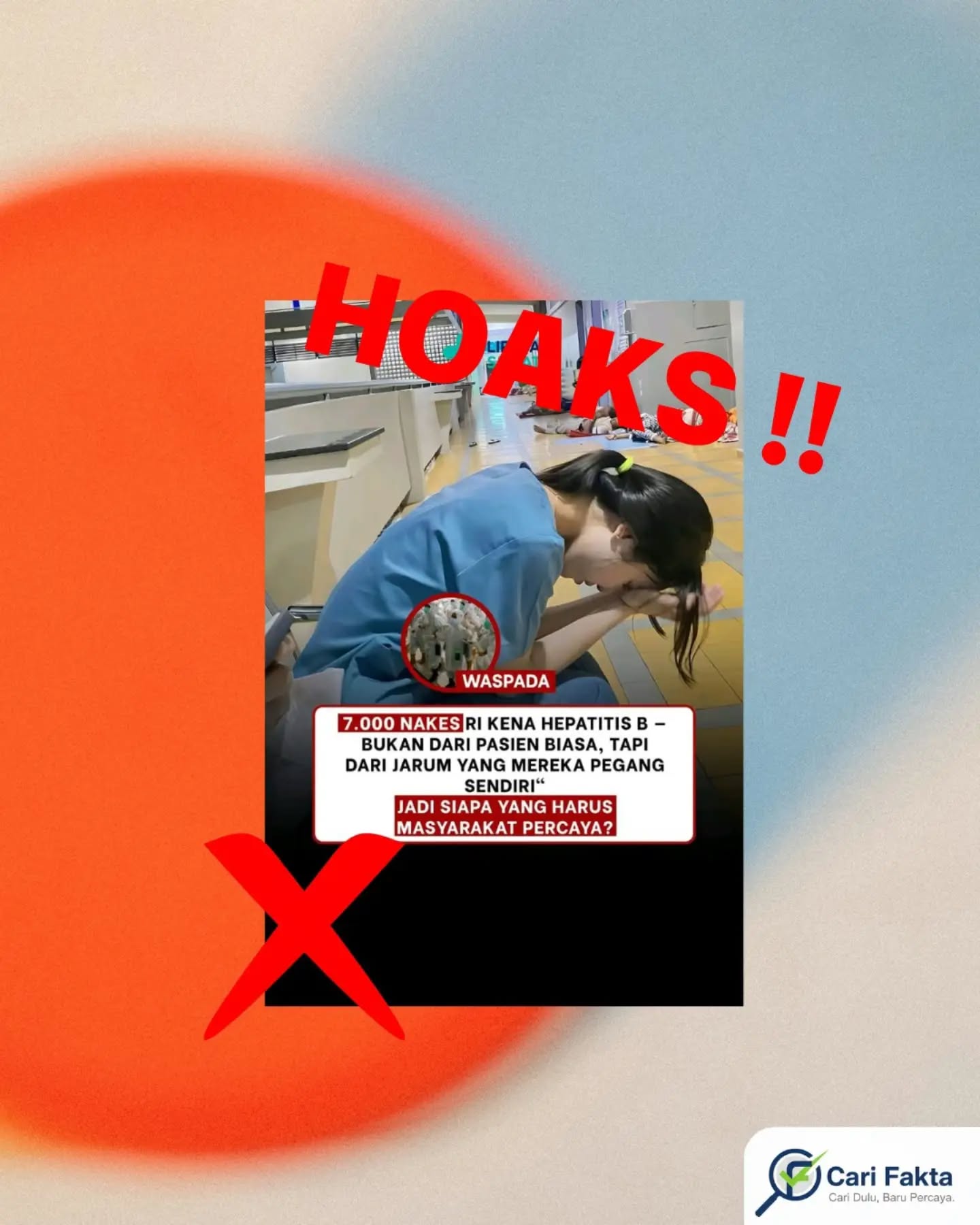️HOAKS: Ribuan Nakes Diduga Terpapar Hepatitis B dari Jarum Sendiri️Beredar di media sosial informasi yang menyebutkan bahwa sebanyak 7.000 tenaga kesehatan (nakes) di Indonesia terinfeksi Hepatitis B bukan dari pasien, melainkan dari jarum suntik yang mereka gunakan sendiri. Narasi ini menggiring opini bahwa alat medis yang digunakan tidak aman dan menimbulkan kekhawatiran di masyarakat. Faktanya informasi tersebut adalah hoaks. Berdasarkan klarifikasi dari Kementerian Komunikasi dan Digital, angka 7.000 nakes yang beredar merupakan data lama sekitar tahun 2014 yang diambil tanpa konteks dan disalahartikan. Tidak benar bahwa seluruh kasus tersebut disebabkan oleh jarum suntik yang digunakan sendiri. Sebagian kasus berkaitan dengan risiko pekerjaan secara umum, dan sebagian lainnya berasal dari penularan di masyarakat. Selain itu, tidak ada pernyataan resmi yang menyebut bahwa tenaga kesehatan tertular semata-mata karena kelalaian penggunaan jarum suntik pribadi .Masyarakat diimbau untuk lebih bijak dalam menerima dan menyebarkan informasi, terutama yang berpotensi menimbulkan kepanikan. Pastikan selalu melakukan cek fakta melalui sumber resmi seperti pemerintah atau lembaga kredibel. Jangan mudah terprovokasi oleh narasi yang belum jelas kebenarannya agar tidak ikut menyebarkan hoaks yang merugikan banyak pihak.