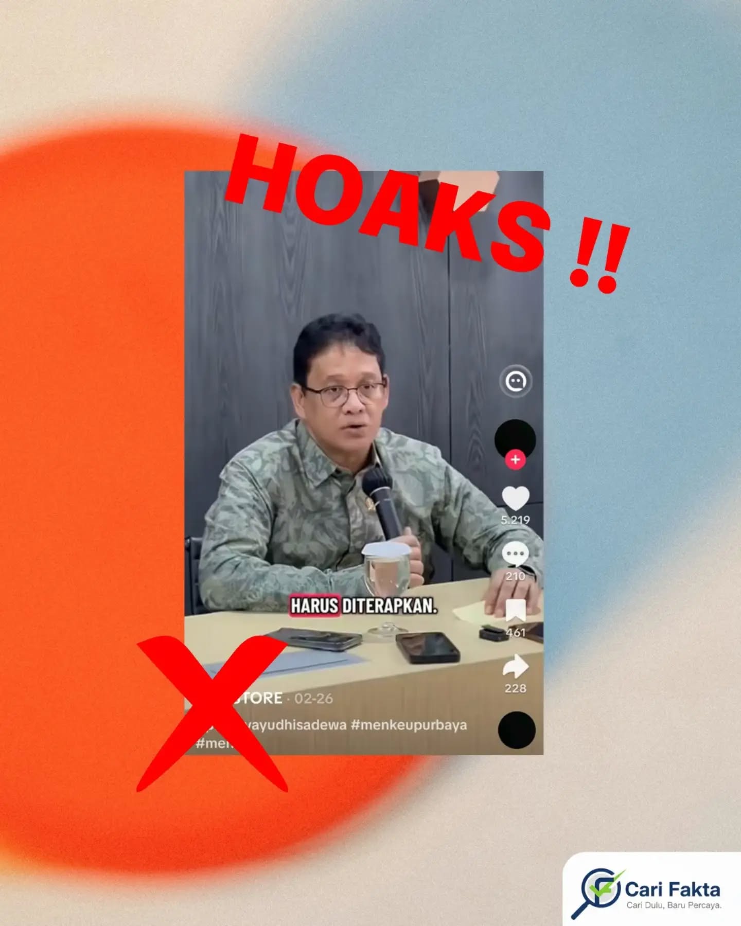 ️HOAKS: Purbaya Yudhi Menyatakan Minta Koruptor Dihukum Mati dan Dirampas Asetnya️Beredar di media sosial sebuah video dan narasi yang mengklaim bahwa Menteri Keuangan Purbaya Yudhi Sadewa menyatakan bahwa seluruh koruptor harus dihukum mati serta seluruh asetnya dirampas oleh negara. Narasi tersebut juga menyebutkan bahwa pernyataan itu disampaikan secara tegas sebagai bentuk sikap pemerintah terhadap kasus korupsi yang marak terjadi. Unggahan ini kemudian ramai dibagikan dan memicu dukungan maupun perdebatan di tengah masyarakat karena dianggap sebagai kebijakan keras terhadap pelaku korupsi.Faktanya berdasarkan klarifikasi resmi dari Kementerian Komunikasi dan Digital, informasi tersebut adalah tidak benar atau hoaks. Hasil penelusuran menunjukkan bahwa video yang beredar telah mengalami manipulasi dan pengambilan pernyataan di luar konteks, sehingga menimbulkan kesan seolah-olah Purbaya Yudhi benar-benar mengusulkan hukuman mati bagi koruptor. Tidak ditemukan pernyataan resmi yang menyatakan hal tersebut. Beberapa hasil cek fakta juga menegaskan bahwa klaim ini keliru dan menyesatkan karena berasal dari potongan video yang tidak utuh serta narasi tambahan yang tidak sesuai fakta. Masyarakat diimbau untuk lebih berhati-hati dalam menerima dan menyebarkan informasi di media sosial. Pastikan kebenaran suatu berita dengan mengecek sumber resmi atau situs cek fakta terpercaya sebelum membagikannya. Jangan mudah terprovokasi oleh informasi yang belum jelas kebenarannya, karena penyebaran hoaks dapat menimbulkan kesalahpahaman serta keresahan di masyarakat.