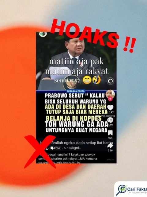 HOAKS: Presiden Prabowo Disebut Perintahkan Tutup Warung Desa agar Warga Belanja di Kopdes