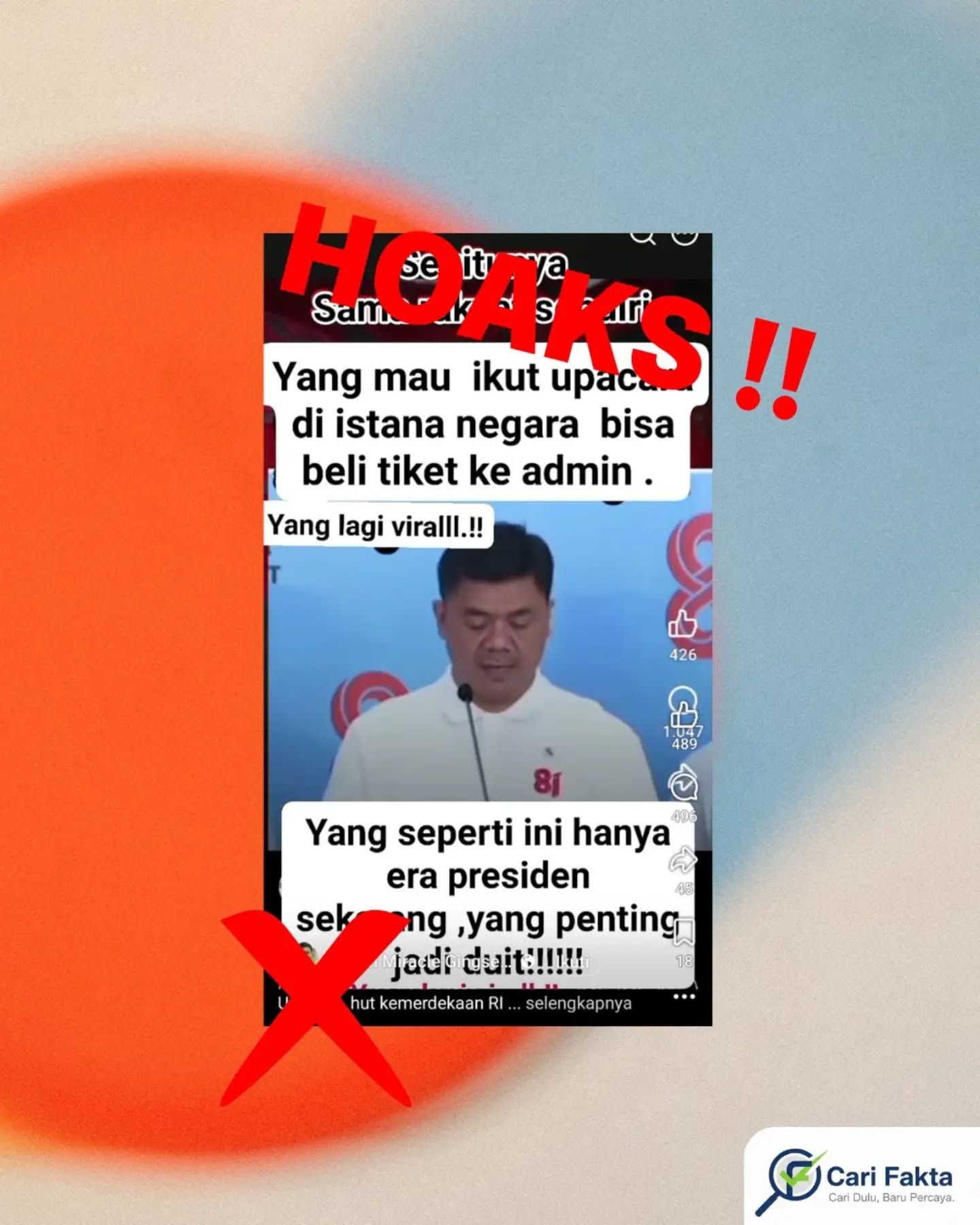 ️Klaim Warga Harus Bayar Tiket untuk Ikut Upacara di Istana Negara Tidak Benar️Beredar di media sosial sebuah unggahan yang mengeklaim bahwa masyarakat yang ingin mengikuti upacara di Istana Negara dapat membeli tiket melalui admin. Narasi tersebut disertai potongan video yang menampilkan sosok Wakil Menteri Sekretaris Negara (Wamensesneg) seolah-olah sedang menyampaikan pernyataan terkait kebijakan tersebut. Faktanya, berdasarkan klarifikasi resmi dari Kementerian Komunikasi dan Digital, informasi tersebut adalah tidak benar atau hoaks. Foto dan video yang menampilkan Wamensesneg tersebut merupakan potongan yang diambil di luar konteks aslinya dan tidak berkaitan dengan klaim penjualan tiket upacara. Pemerintah tidak pernah menetapkan kebijakan pembelian tiket bagi masyarakat untuk mengikuti upacara kenegaraan di Istana Negara. Kegiatan tersebut bersifat undangan resmi dan tidak diperjualbelikan.Masyarakat diimbau untuk tidak mudah percaya pada informasi yang beredar di media sosial tanpa verifikasi yang jelas. Selalu cek kebenaran informasi melalui sumber resmi seperti instansi pemerintah atau media kredibel, serta hindari menyebarkan konten yang belum terkonfirmasi kebenarannya agar tidak memperkeruh suasana dan menimbulkan misinformasi di ruang publik.