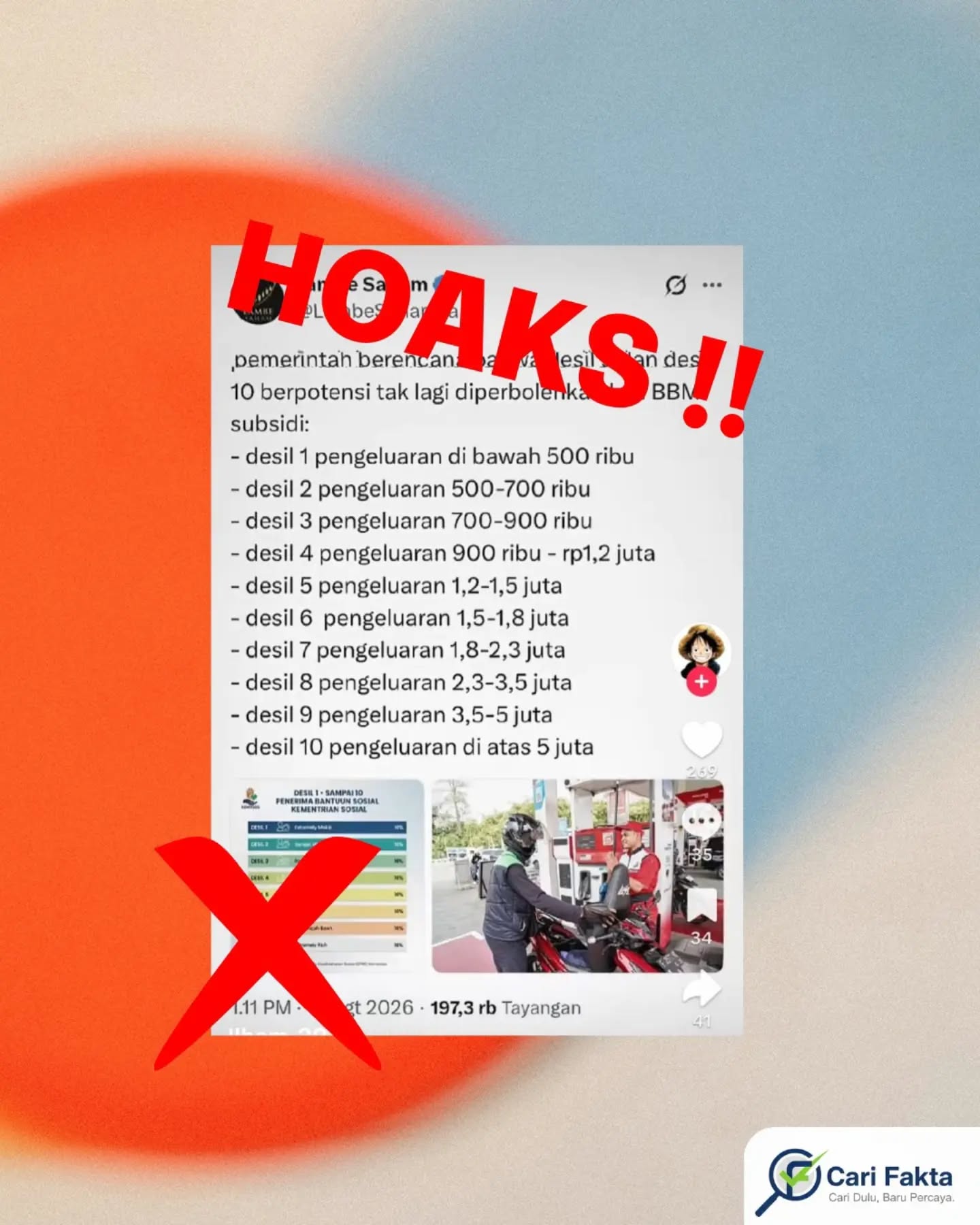 ️Hoaks: Desil 9 dan 10 Tidak Boleh Membeli BBM Subsidi️¶¶Beredar unggahan di media sosial yang menyebut masyarakat desil 9 dan 10 dipastikan tidak boleh membeli BBM bersubsidi, disertai daftar batas pengeluaran untuk setiap desil. ¶¶Faktanya, pemerintah memang sedang mengkaji pembatasan penyaluran BBM subsidi, khususnya Pertalite, bagi masyarakat yang dinilai mampu. Namun, kebijakan tersebut belum berlaku dan masyarakat desil 9 dan 10 belum otomatis dilarang membeli Pertalite. Penerapannya masih dikaji secara bertahap, termasuk mekanisme dan dampaknya. Selain itu, daftar nominal pengeluaran seperti “desil 9 Rp3,5–5 juta” dan “desil 10 di atas Rp5 juta” bukan patokan resmi. Desil ditentukan berdasarkan pemeringkatan kondisi sosial ekonomi rumah tangga dengan berbagai indikator, bukan hanya berdasarkan jumlah pengeluaran atau gaji.¶¶Masyarakat diimbau tidak mudah percaya dan menyebarkan informasi terkait pembatasan BBM subsidi. Pastikan informasi berasal dari kanal resmi pemerintah atau sumber pemeriksa fakta yang kredibel.