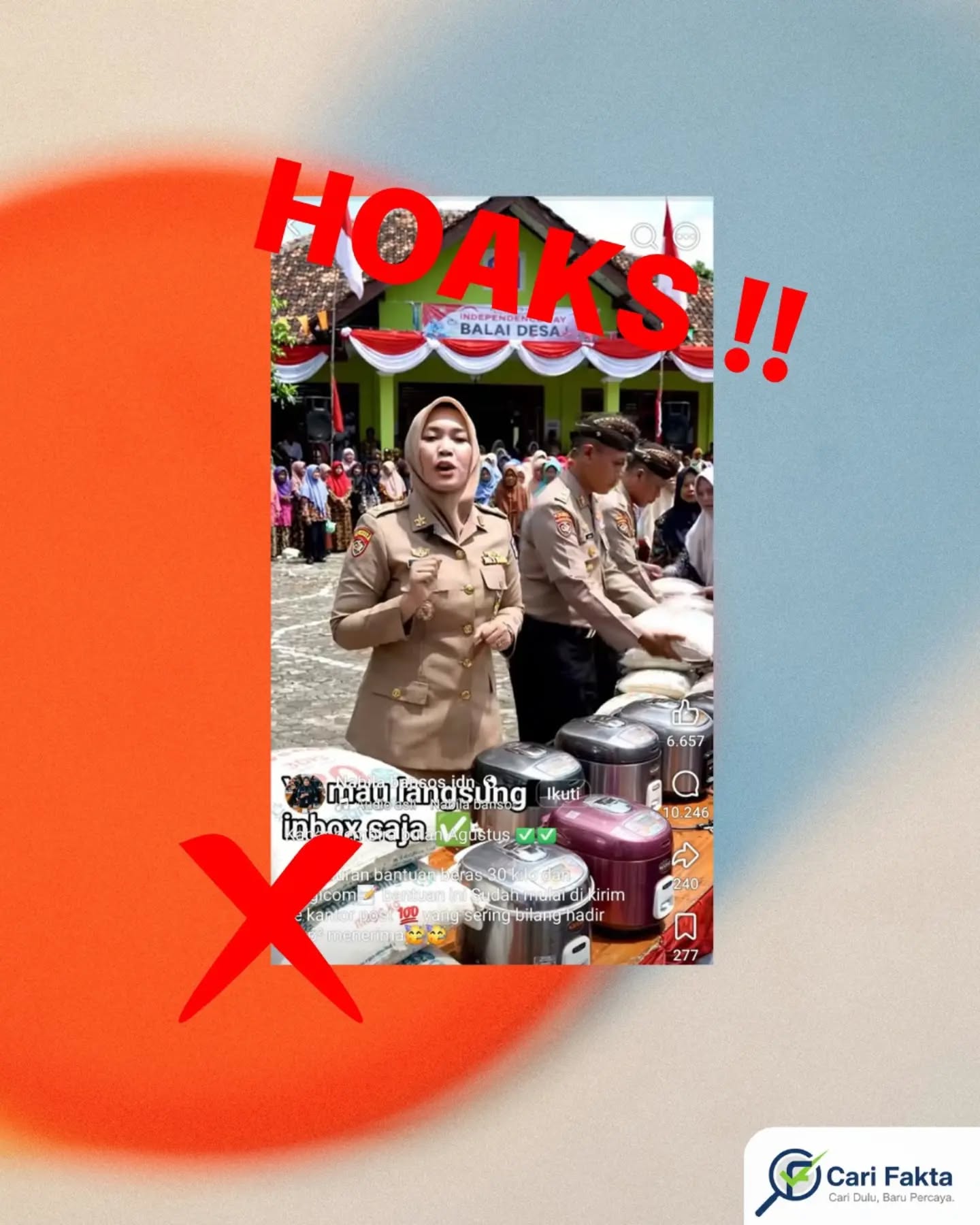️HOAKS: Bantuan Beras 30 Kg dan Magicom untuk 34 Juta Keluarga Cukup dengan Berkomentar Hadir di Facebook️¶¶Beredar unggahan di media sosial Facebook yang mengklaim adanya penyaluran bantuan khusus bulan Agustus berupa 30 kg beras dan satu unit magicom kepada sekitar 34 juta keluarga. Dalam unggahan tersebut, masyarakat diminta cukup menuliskan komentar “Hadir” di Facebook agar bantuan dapat disalurkan dan disebutkan bahwa bantuan akan dikirim melalui Kantor Pos.¶¶Faktanya, informasi tersebut merupakan hoaks atau konten menyesatkan. Memang benar pemerintah menyalurkan bantuan pangan beras tahap II tahun 2026 kepada sekitar 33,24 juta Keluarga Penerima Manfaat (KPM). Setiap KPM mendapatkan total 30 kg beras, yang merupakan alokasi bantuan untuk Juli, Agustus, dan September 2026 dan disalurkan sekaligus. Namun, tidak ditemukan informasi resmi bahwa bantuan tersebut disertai magicom, maupun ketentuan bahwa masyarakat harus berkomentar “Hadir” di Facebook untuk mendapatkannya. ¶¶Selain itu, mekanisme penyaluran bantuan pangan tidak dilakukan dengan cara mendaftar melalui kolom komentar Facebook. Penetapan penerima didasarkan pada data penerima yang telah diverifikasi pemerintah, termasuk Data Tunggal Sosial Ekonomi Nasional (DTSEN). Penyaluran bantuan pangan juga dilakukan melalui mekanisme resmi yang dikoordinasikan pemerintah bersama Perum Bulog dan pemerintah daerah, bukan berdasarkan komentar atau interaksi di media sosial. ¶¶Masyarakat diimbau tidak mudah percaya terhadap unggahan yang menawarkan bantuan pemerintah dengan syarat memberikan komentar, mengisi data pribadi, atau mengikuti tautan yang tidak berasal dari kanal resmi. Pastikan informasi mengenai bansos diverifikasi melalui kanal resmi pemerintah.