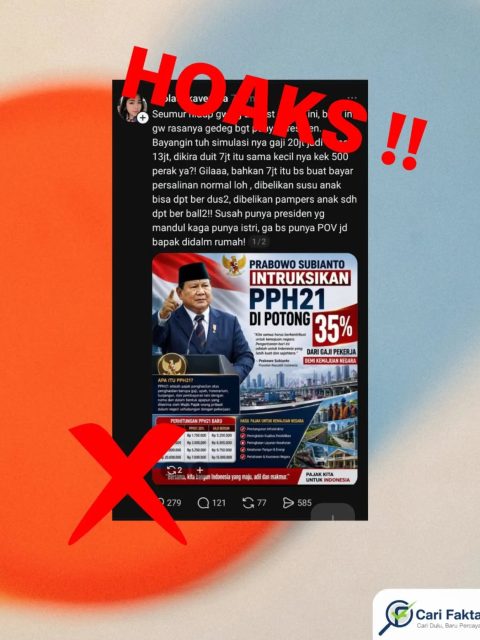 HOAKS: Narasi Prabowo Instruksikan PPh 21 Dipotong 35% dari Gaji Pekerja