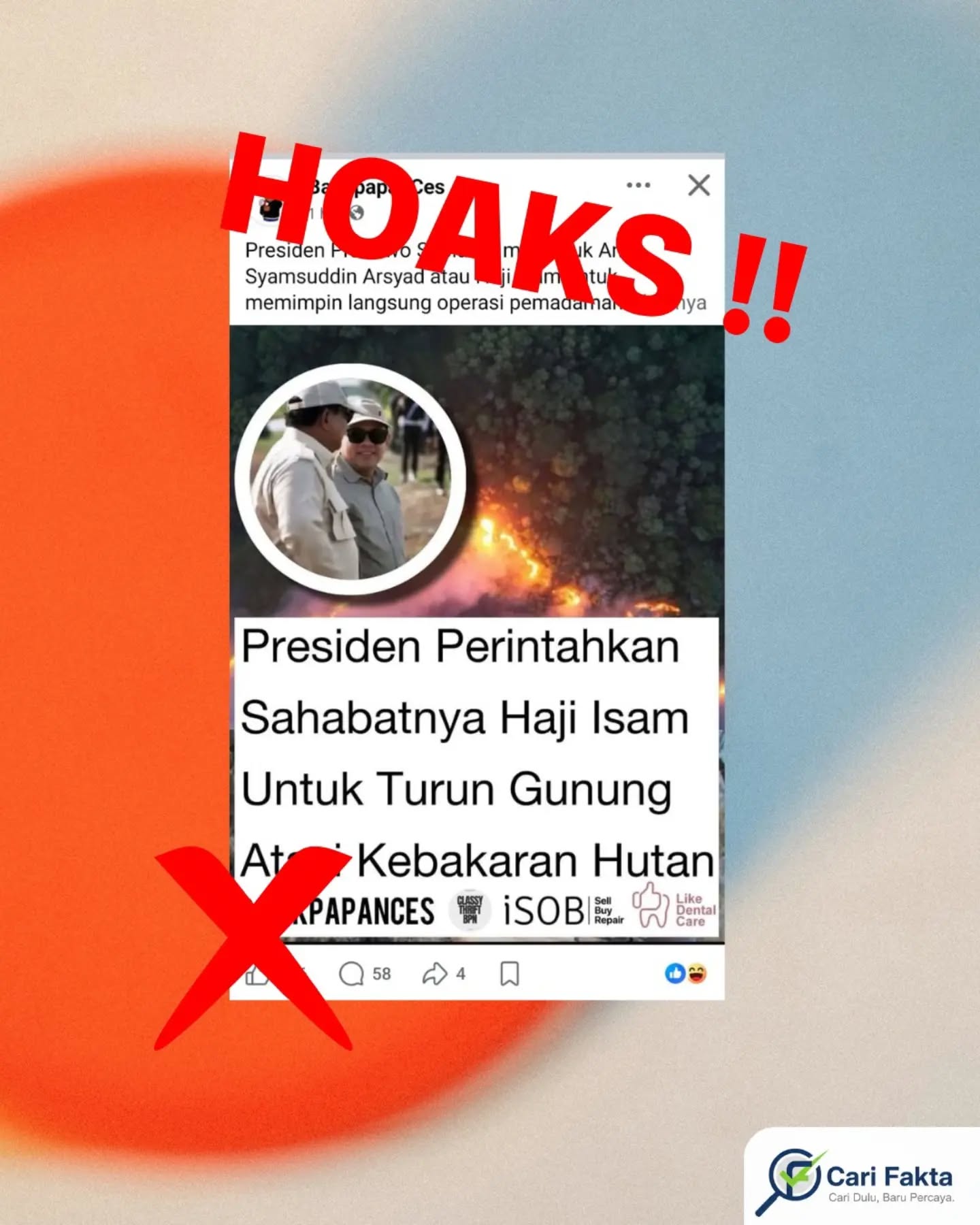 ️HOAKS: Presiden Prabowo Tunjuk Haji Isam Pimpin Penanganan Karhutla️¶¶Beredar unggahan di media sosial yang menyebut Presiden Prabowo Subianto menunjuk pengusaha Andi Syamsuddin Arsyad atau Haji Isam untuk memimpin langsung operasi pemadaman kebakaran hutan dan lahan (karhutla). Unggahan tersebut juga menarasikan bahwa Haji Isam diperintahkan Presiden untuk turun gunung mengatasi kebakaran hutan. ¶¶Informasi tersebut adalah hoaks. Faktanya, Menteri Sekretaris Negara (Mensesneg) Prasetyo Hadi menegaskan bahwa tidak ada penunjukan khusus terhadap Haji Isam sebagai koordinator penanganan karhutla. Pemerintah memang meminta berbagai pihak untuk turut membantu penanganan karhutla, tetapi kewenangan sebagai koordinator bukan diberikan kepada Haji Isam. Haji Isam memang terlibat dalam membantu penanganan karhutla di Kalimantan Selatan, antara lain dengan menawarkan bantuan alat berat, water bombing, 100 unit pompa air, serta dana operasional sebesar Rp7,6 miliar. Namun, Gubernur Kalimantan Selatan Muhidin juga menegaskan bahwa Haji Isam bukan Ketua Tim Percepatan Penanganan Karhutla. ¶¶Masyarakat diimbau untuk tidak mudah percaya dan menyebarluaskan informasi yang belum terverifikasi, terutama informasi yang menyangkut kebijakan atau penunjukan pejabat oleh pemerintah. Pastikan kebenaran informasi melalui sumber resmi pemerintah atau media terpercaya sebelum membagikannya kepada orang lain. Jangan sampai informasi yang tidak benar menimbulkan kesalahpahaman di tengah masyarakat.