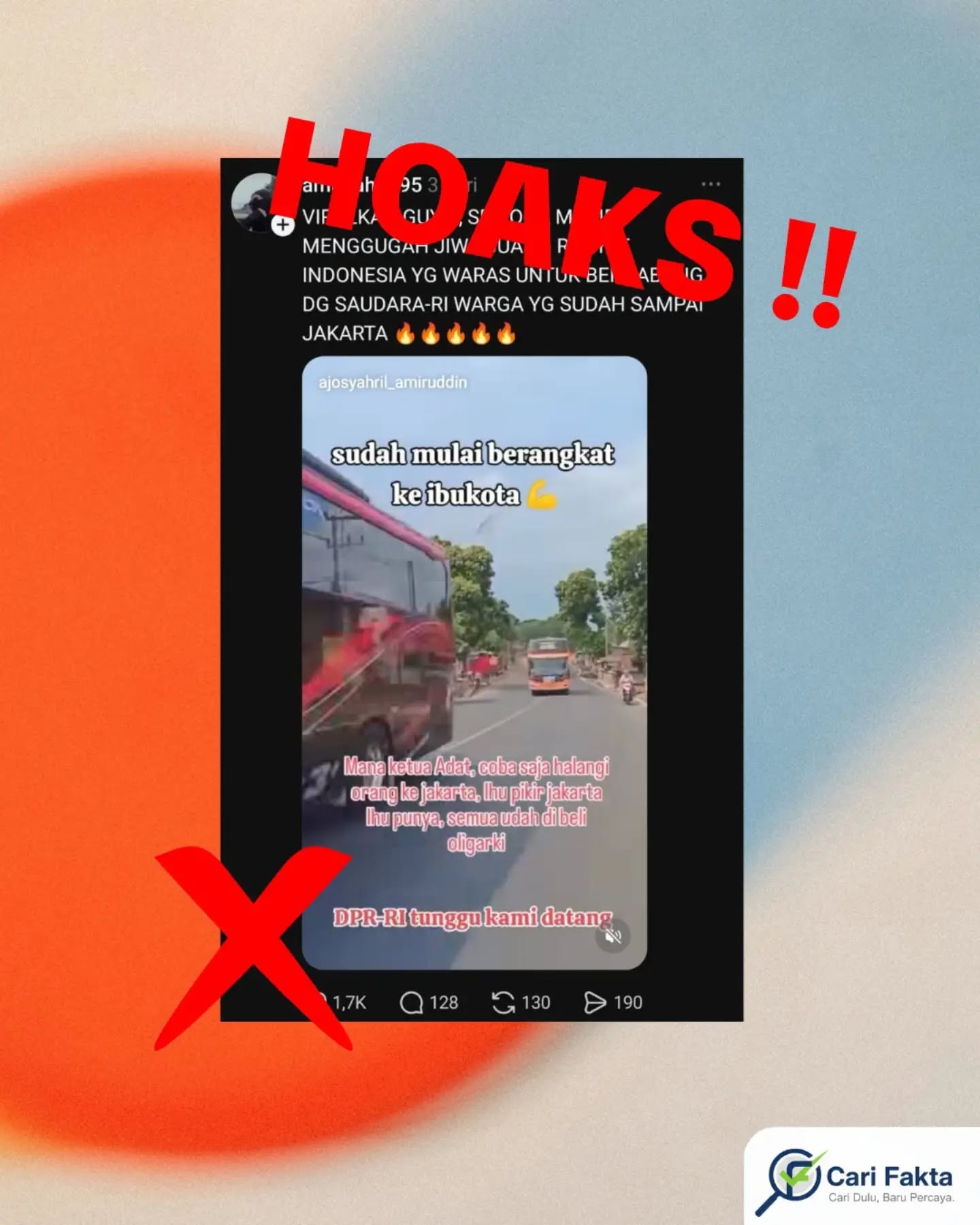 ️Video Bus Diklaim Rombongan Massa Bergerak ke Jakarta untuk Aksi Tidak Benar️¶¶Beredar unggahan di media sosial yang menampilkan sejumlah bus dengan narasi bahwa rombongan warga telah mulai berangkat menuju Jakarta untuk mengikuti aksi massa. Unggahan tersebut juga disertai ajakan agar masyarakat bergabung dengan warga yang disebut telah tiba di Jakarta. Narasi tersebut menimbulkan kesan bahwa bus-bus dalam video merupakan kendaraan yang membawa massa menuju Jakarta untuk melakukan aksi.¶¶Faktanya, setelah dilakukan penelusuran lebih lanjut, klaim tersebut tidak sesuai dengan fakta. Video yang beredar menampilkan rombongan bus yang digunakan untuk menjemput karyawan pabrik. Sementara itu, video lainnya memperlihatkan bus yang digunakan untuk kegiatan study tour maupun perjalanan pariwisata. Dengan demikian, video tersebut tidak menunjukkan keberangkatan rombongan massa menuju Jakarta sebagaimana narasi yang beredar.¶¶Penyebaran video dengan narasi mengenai keberangkatan aksi massa ke Jakarta merupakan informasi yang menyesatkan, karena menggunakan video dengan konteks yang tidak sesuai untuk mendukung klaim tertentu.¶¶Masyarakat diimbau untuk tidak mudah percaya dan menyebarluaskan informasi yang belum terverifikasi. Selalu periksa sumber, konteks, serta kebenaran video sebelum membagikannya agar tidak ikut menyebarkan informasi yang menyesatkan dan menimbulkan keresahan.