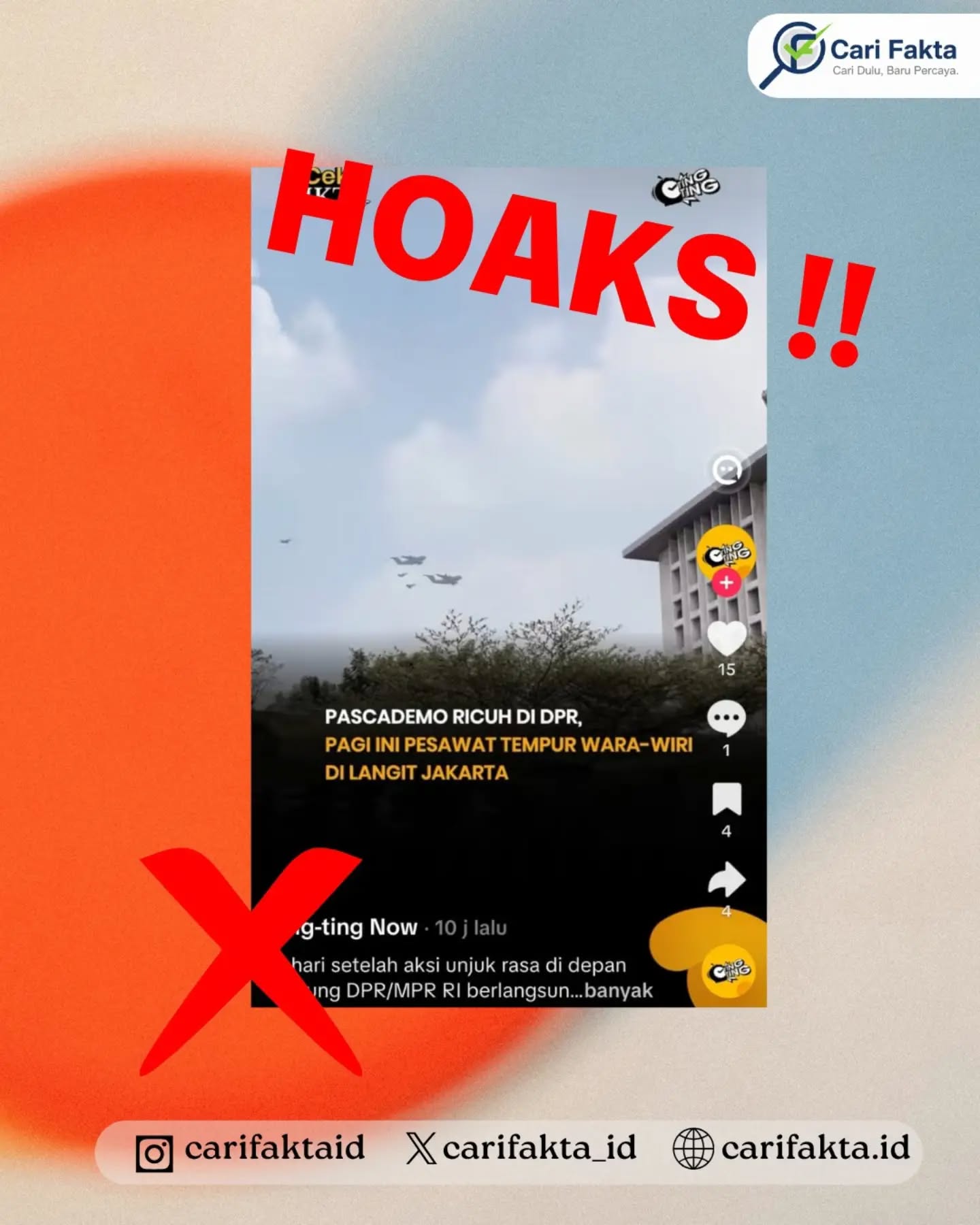 ️Pesawat Tempur Wara-Wiri di Langit Jakarta Tidak untuk Mengamankan Negara Pasca Demo di DPR️¶¶Beredar narasi di media sosial yang menyebutkan bahwa pasca demo ricuh di depan DPR pada Kamis (28/8/2026), sejumlah pesawat tempur terlihat wara-wiri di langit Jakarta. Narasi tersebut mengaitkan keberadaan pesawat tempur dengan latihan tempur hingga pengamanan negara untuk mengantisipasi aksi massa.¶¶Faktanya, narasi tersebut menyesatkan. TNI AU menjelaskan bahwa penerbangan tiga pesawat F-16 Fighting Falcon di wilayah udara Jakarta pada Jumat (28/8/2026) merupakan bagian dari latihan yang dipersiapkan untuk mendukung rangkaian Merdeka Run 2026 dalam rangka memperingati HUT ke-81 Kemerdekaan RI. Pesawat tersebut dijadwalkan melakukan atraksi flypast di kawasan Monas, bukan dikerahkan untuk mengamankan situasi pasca-demo di DPR. ¶¶Masyarakat diimbau untuk tidak mudah mengaitkan suatu peristiwa dengan situasi politik atau keamanan tanpa informasi yang jelas. Periksa konteks dan sumber resmi sebelum mempercayai maupun menyebarkan informasi, agar tidak menimbulkan keresahan di tengah masyarakat. Saring sebelum sharing, jangan sampai informasi yang belum terverifikasi ikut memperkeruh suasanaa