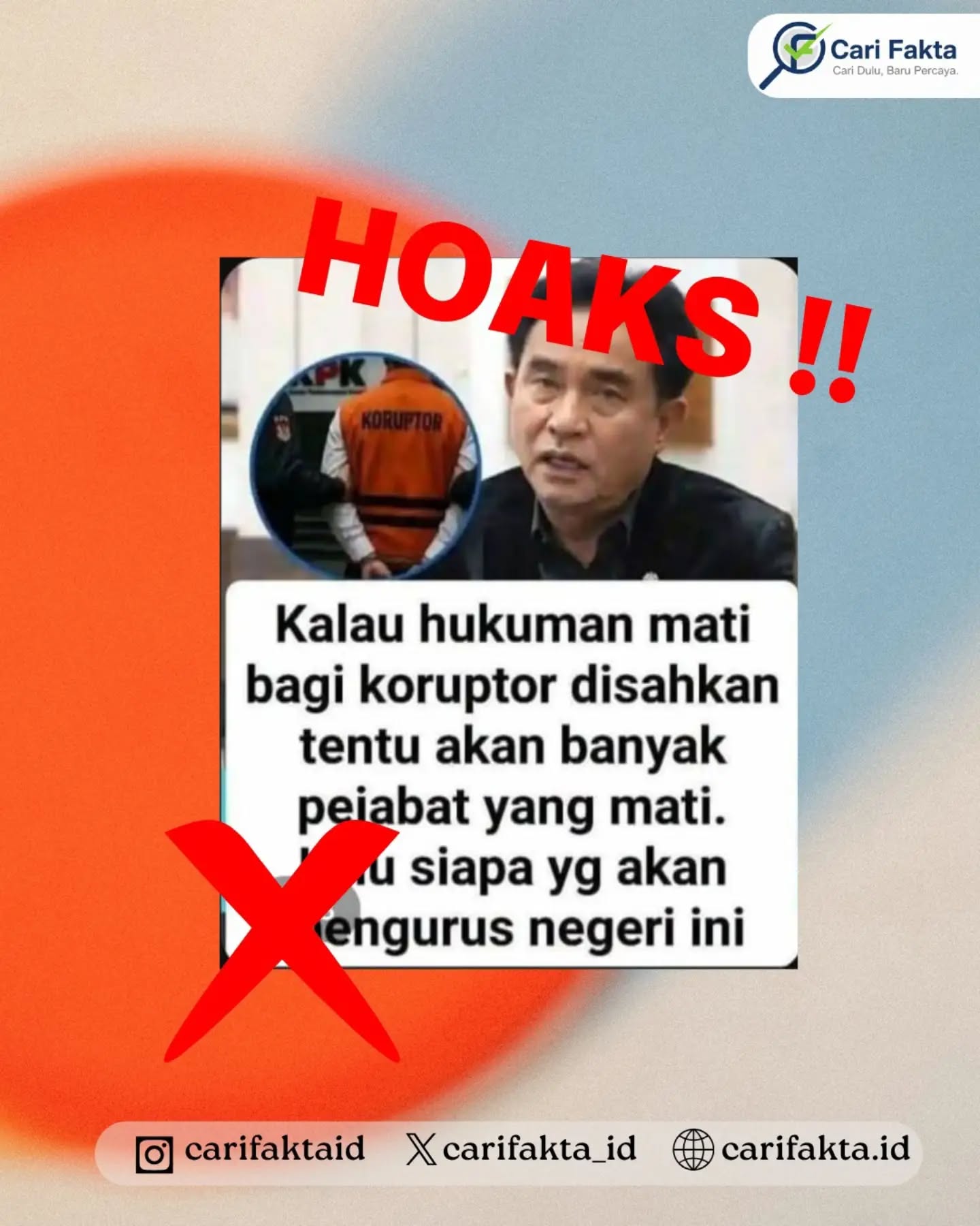 ️Hoaks: Yusril Ucapkan Hukuman Mati bagi Koruptor Akan Membuat Banyak Pejabat Mati️¶¶Beredar sebuah unggahan di media sosial yang memuat foto Menteri Koordinator Bidang Hukum, HAM, Imigrasi, dan Pemasyarakatan Yusril Ihza Mahendra, disertai klaim bahwa dirinya pernah mengatakan, “Kalau hukuman mati bagi koruptor disahkan tentu akan banyak pejabat yang mati. Lalu siapa yang akan mengurus negeri ini.” Unggahan tersebut kemudian disebarluaskan seolah-olah pernyataan itu benar dan merupakan ucapan Yusril.¶¶Faktanya, informasi tersebut adalah hoaks. Melalui akun media sosial pribadinya, Yusril Ihza Mahendra secara tegas membantah pernah mengucapkan kalimat tersebut, baik dalam kapasitasnya sebagai Menko maupun sebagai pribadi. Dengan demikian, kutipan yang beredar pada gambar tersebut tidak dapat dianggap sebagai pernyataan resmi Yusril dan berpotensi menyesatkan masyarakat.¶¶Masyarakat diimbau untuk tidak mudah mempercayai maupun menyebarluaskan kutipan yang berasal dari unggahan media sosial tanpa memastikan sumber dan kebenarannya. Selalu cek pernyataan melalui akun resmi atau sumber pemberitaan terpercaya sebelum membagikannya agar tidak ikut menyebarkan informasi palsu.