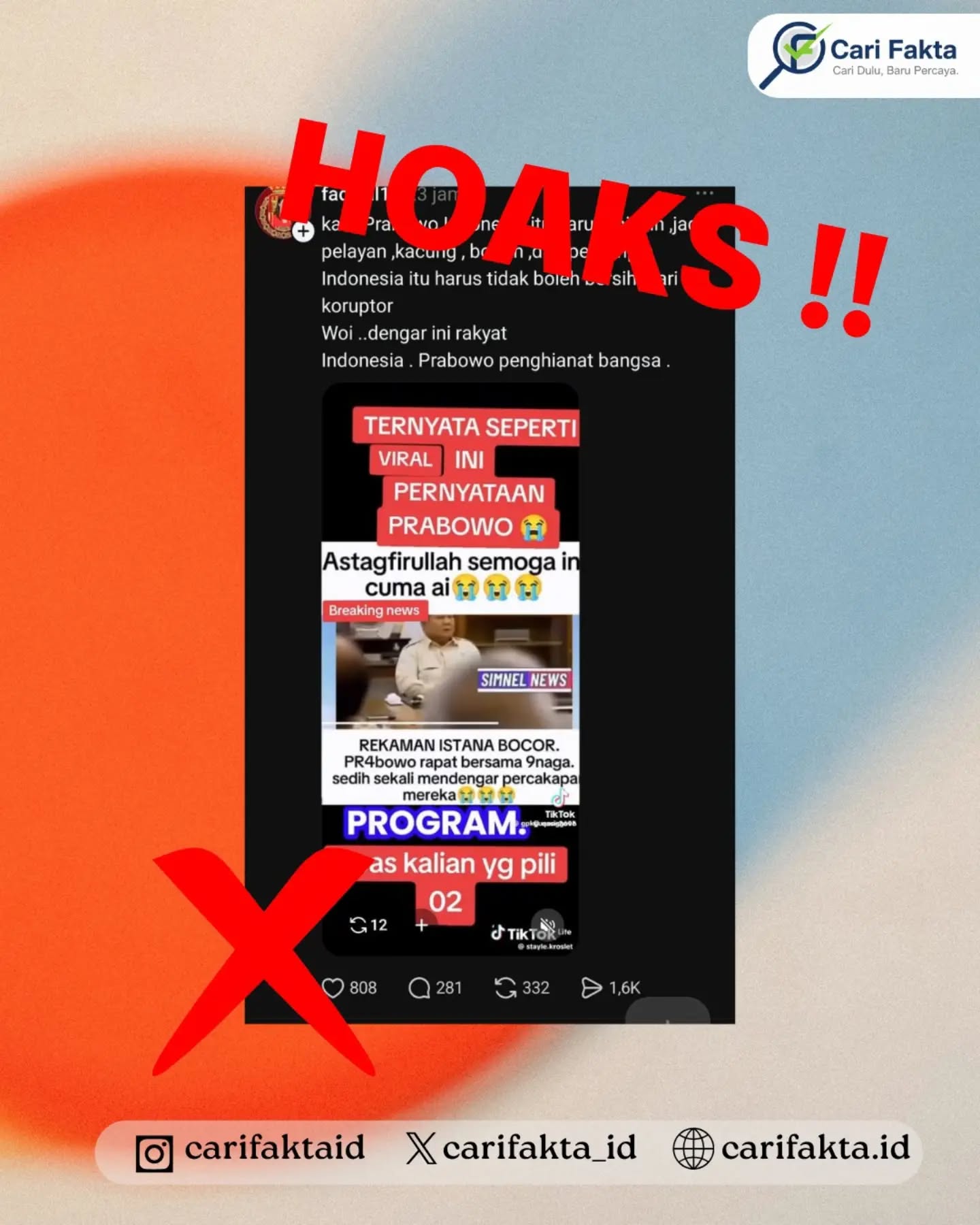 ️HOAKS: Video Pernyataan Prabowo tentang Indonesia Harus Miskin dan Pemimpin Tidak Boleh Bersih dari Korupsi️¶¶Beredar narasi di media sosial yang mengeklaim bahwa Presiden Prabowo Subianto menyampaikan pernyataan bahwa Indonesia harus miskin, rakyat harus menjadi pelayan dan pemimpin Indonesia tidak boleh bersih dari korupsi. Narasi tersebut disertai video yang seolah-olah memperlihatkan Presiden Prabowo sedang menyampaikan pernyataan tersebut dalam sebuah rapat.¶¶Faktanya, klaim tersebut tidak benar. Rekaman yang beredar telah dipotong-potong dan dipelintir sehingga konteks pembicaraan aslinya berubah. Potongan video tersebut kemudian diberi narasi provokatif seolah-olah Presiden Prabowo menyampaikan pernyataan sebagaimana yang dituliskan dalam unggahan. Dengan demikian, video tersebut tidak dapat dijadikan bukti bahwa Presiden Prabowo pernah menyampaikan pernyataan tersebut.¶¶Masyarakat diimbau untuk tidak langsung percaya atau menyebarluaskan video yang hanya berupa potongan rekaman, terlebih jika disertai narasi provokatif. Selalu periksa video secara utuh dan bandingkan dengan sumber informasi resmi sebelum membagikannya. Bijak bermedia sosial, saring sebelum sharing.