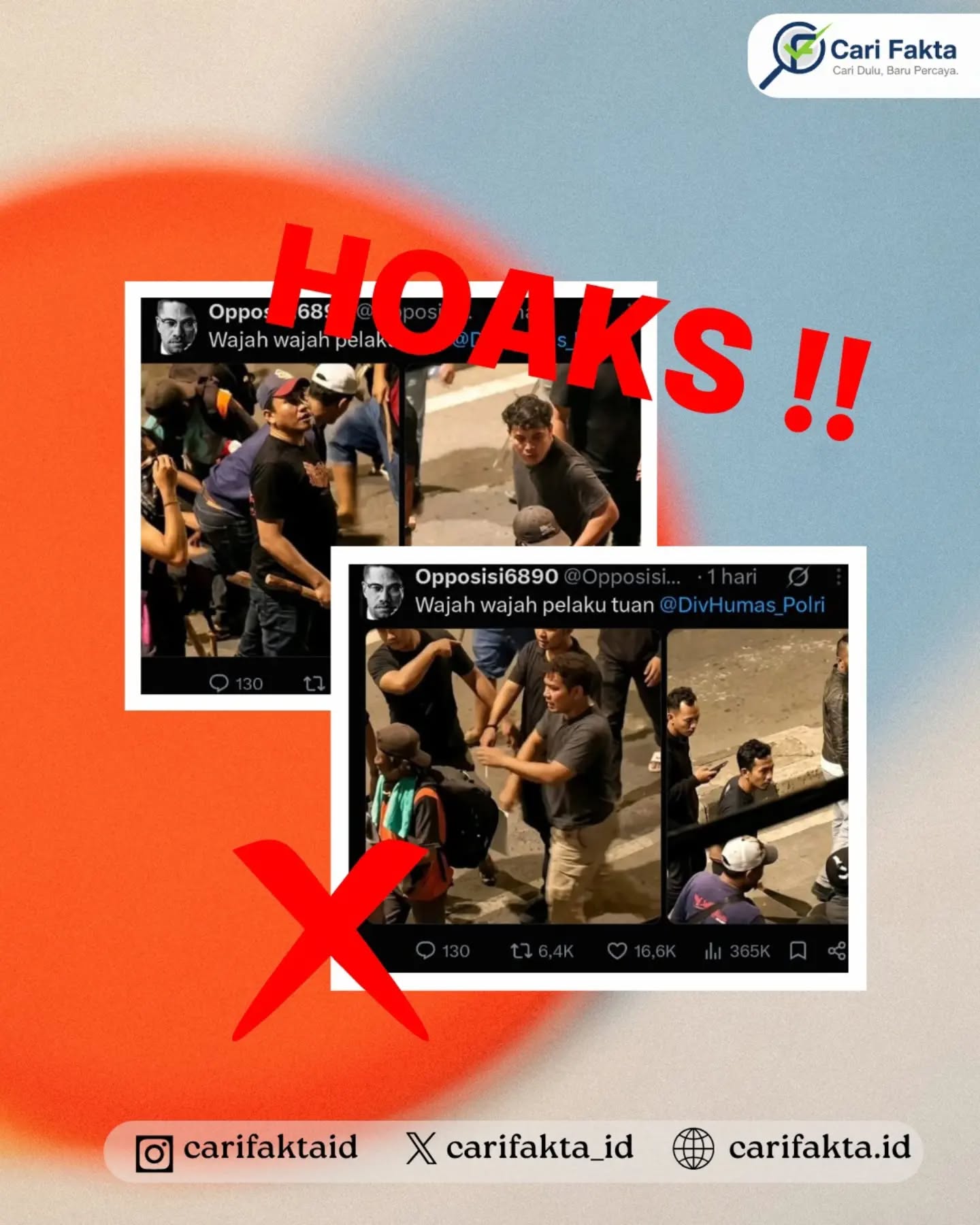 ️Foto yang Diklaim sebagai Wajah Pelaku Kericuhan di Jakarta Terindikasi Hasil AI️¶¶Sebuah unggahan di media sosial X beredar dengan menampilkan beberapa foto pria yang disebut-sebut sebagai wajah pelaku kericuhan dalam aksi demonstrasi di Jakarta. Unggahan tersebut turut mencantumkan keterangan berbahasa Inggris, “The faces of the perpetrators, sir @DivHumas_Polri”, yang memberikan kesan bahwa foto-foto itu merupakan identitas pelaku yang tengah dicari oleh kepolisian.¶¶Faktanya, informasi tersebut tidak dapat dibenarkan. Polda Metro Jaya mengungkapkan bahwa sejumlah foto yang beredar memiliki indikasi sebagai gambar yang dihasilkan atau telah mengalami manipulasi menggunakan teknologi Artificial Intelligence (AI). Hal tersebut diketahui setelah pihak kepolisian melakukan pemeriksaan terhadap gambar menggunakan perangkat pendeteksi konten berbasis AI. Oleh karena itu, foto-foto tersebut tidak dapat dijadikan dasar untuk memastikan identitas maupun menyebut seseorang sebagai pelaku kericuhan.¶¶Masyarakat diharapkan lebih berhati-hati dalam menerima dan menyebarkan informasi yang beredar di media sosial. Jangan terburu-buru mempercayai atau membagikan foto yang belum diketahui kebenarannya, terutama jika memuat tuduhan terhadap seseorang. Pastikan informasi telah dikonfirmasi melalui sumber resmi sebelum ikut menyebarkannya.