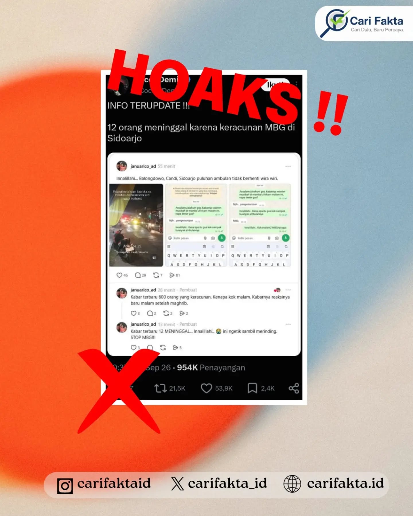️HOAKS: 12 Santri di Sidoarjo Meninggal Dunia Akibat Keracunan MBG️¶¶Beredar informasi di media sosial yang menyebutkan bahwa 12 santri di Sidoarjo meninggal dunia akibat keracunan setelah mengonsumsi Makan Bergizi Gratis (MBG). Informasi tersebut tidak benar dan menyesatkan.¶¶Faktanya, memang terjadi dugaan keracunan massal yang dialami ratusan santri di Sidoarjo setelah mengonsumsi makanan program MBG. Namun, tidak ada korban yang meninggal dunia dalam kejadian tersebut. Wakil Gubernur Jawa Timur sekaligus Ketua Satgas MBG Jatim, Emil Elestianto Dardak, telah menegaskan bahwa kabar mengenai adanya santri yang meninggal adalah tidak benar. Para korban telah mendapatkan penanganan medis di sejumlah fasilitas kesehatan. ¶¶Masyarakat diharapkan tidak mudah percaya dan menyebarkan informasi mengenai korban jiwa sebelum memastikan kebenarannya melalui sumber resmi atau media terpercaya. Hindari ikut menyebarkan kabar yang belum terverifikasi karena dapat menimbulkan kepanikan dan memperkeruh situasi.