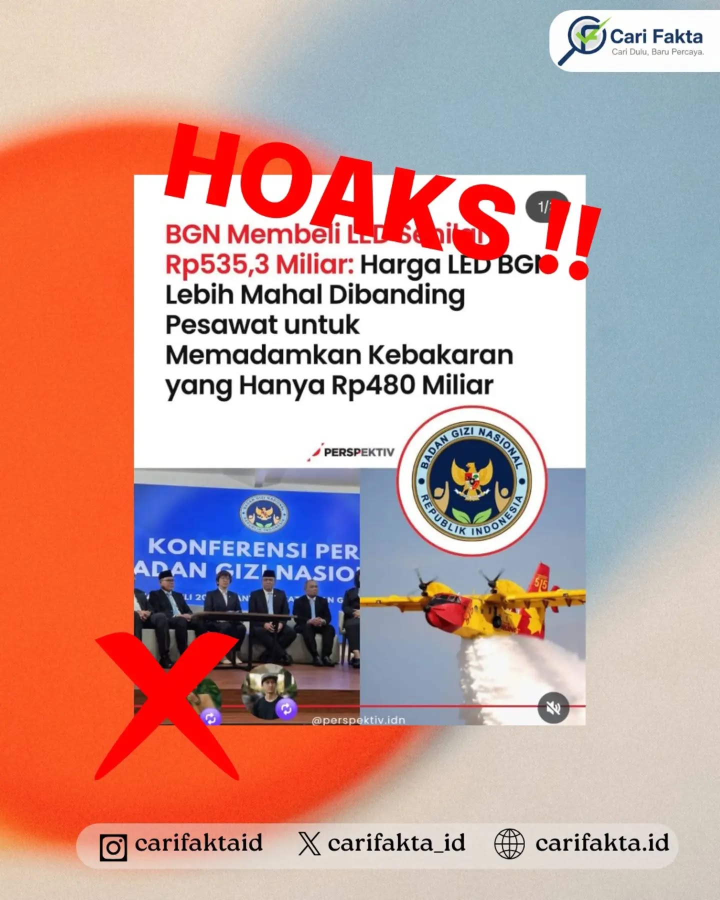 ️HOAKS: BGN Membeli LED Senilai Rp535,3 Miliar dan Disebut Lebih Mahal dari Pesawat Pemadam Kebakaran️¶¶Beredar unggahan di media sosial yang menyebut Badan Gizi Nasional (BGN) membeli layar LED senilai Rp535,3 miliar, bahkan membandingkan nilai tersebut dengan harga pesawat pemadam kebakaran yang disebut sekitar Rp480 miliar. Narasi tersebut kemudian menimbulkan kesan seolah-olah BGN telah merealisasikan pengadaan LED dengan nilai fantastis tersebut.¶¶Faktanya, informasi tersebut menyesatkan. Kepala BGN Sudaryono menegaskan bahwa pengadaan LED yang tercatat dalam sistem pengadaan pemerintah tidak jadi dilaksanakan dan telah dibatalkan. Proses pengadaan tersebut diketahui telah dimulai sejak 1 April 2026, sebelum Sudaryono dan jajaran pimpinan BGN yang baru bertugas. Setelah mulai menjabat pada Juli 2026, BGN meninjau proses tersebut dan memutuskan untuk membatalkannya karena tidak tersedia pagu anggaran dan harga barang yang akan diadakan juga tidak jelas. Sudaryono juga menegaskan bahwa BGN tidak mengizinkan pengadaan tersebut untuk dilanjutkan. ¶¶Dengan demikian, narasi yang menyebut BGN telah membeli LED senilai Rp535,3 miliar tidak sesuai dengan fakta. Angka tersebut berasal dari informasi mengenai proses pengadaan yang sempat tercatat, bukan bukti bahwa anggaran tersebut telah direalisasikan untuk membeli LED.¶¶Masyarakat diimbau untuk tidak langsung mempercayai maupun menyebarkan informasi yang beredar di media sosial, terutama yang menggunakan perbandingan angka untuk membentuk persepsi tertentu. Selalu cek informasi melalui sumber resmi dan media terpercaya sebelum membagikan kepada orang lain.