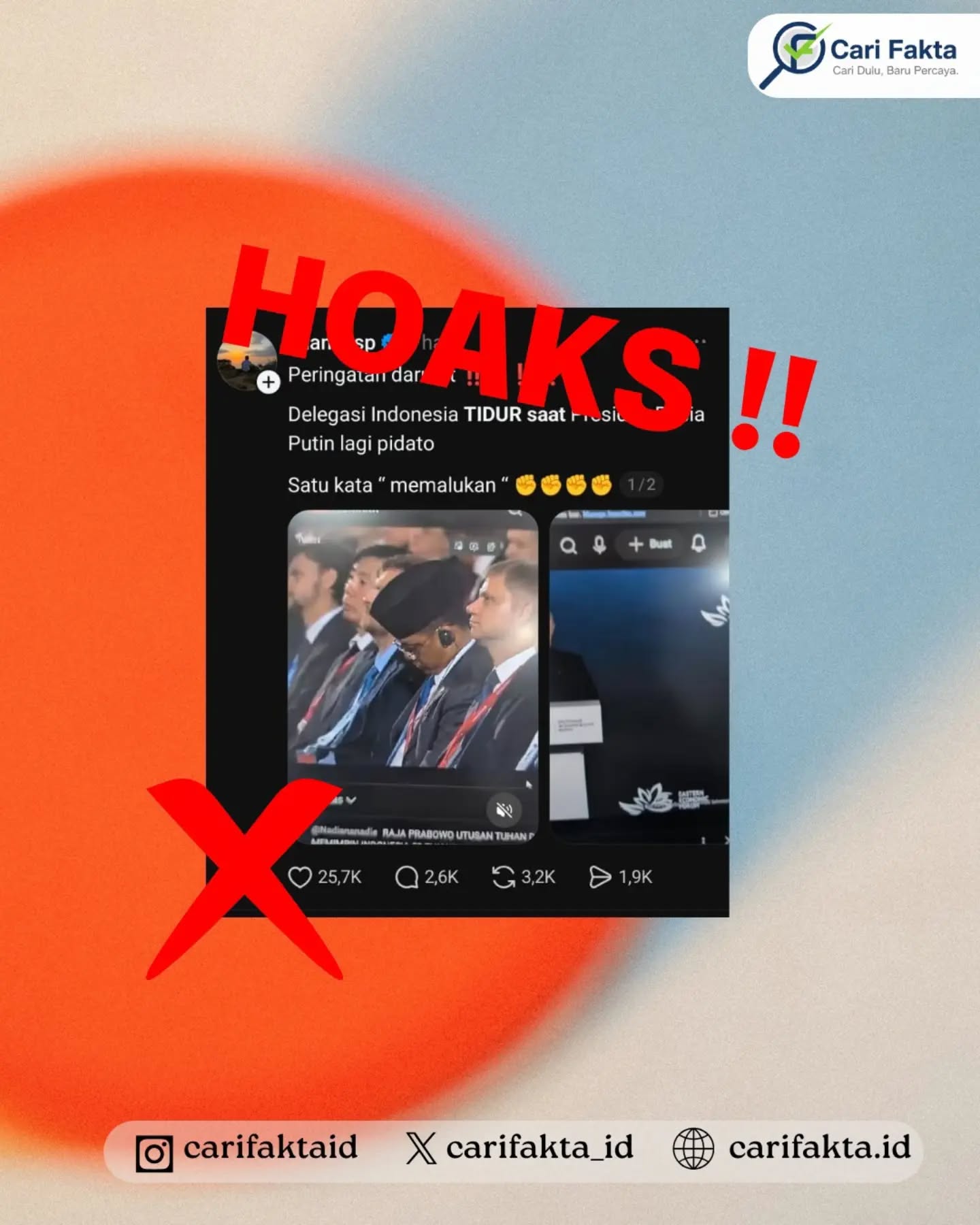 ️HOAKS: Menlu Sugiono Tertidur Saat Presiden Rusia Berpidato️¶¶Beredar unggahan di media sosial yang menampilkan foto Menteri Luar Negeri (Menlu) Sugiono dengan narasi bahwa dirinya tertidur saat Presiden Rusia Vladimir Putin sedang menyampaikan pidato. Unggahan tersebut kemudian disertai komentar bernada negatif dan menyebut kejadian itu sebagai sesuatu yang memalukan bagi delegasi Indonesia.¶¶Faktanya, narasi tersebut tidak benar. Berdasarkan penelusuran, momen yang diklaim sebagai Menlu Sugiono sedang tertidur ternyata memperlihatkan dirinya tengah melihat atau membaca catatan selama acara berlangsung. Dengan demikian, foto tersebut tidak dapat dijadikan bukti bahwa Menlu Sugiono tertidur saat Putin berpidato. ¶¶Masyarakat diimbau untuk tidak mudah mempercayai informasi hanya berdasarkan foto atau potongan video yang beredar di media sosial. Periksa konteks dan sumber informasi terlebih dahulu sebelum menyebarkan atau memberikan penilaian terhadap suatu peristiwa agar tidak ikut menyebarkan informasi yang keliru.