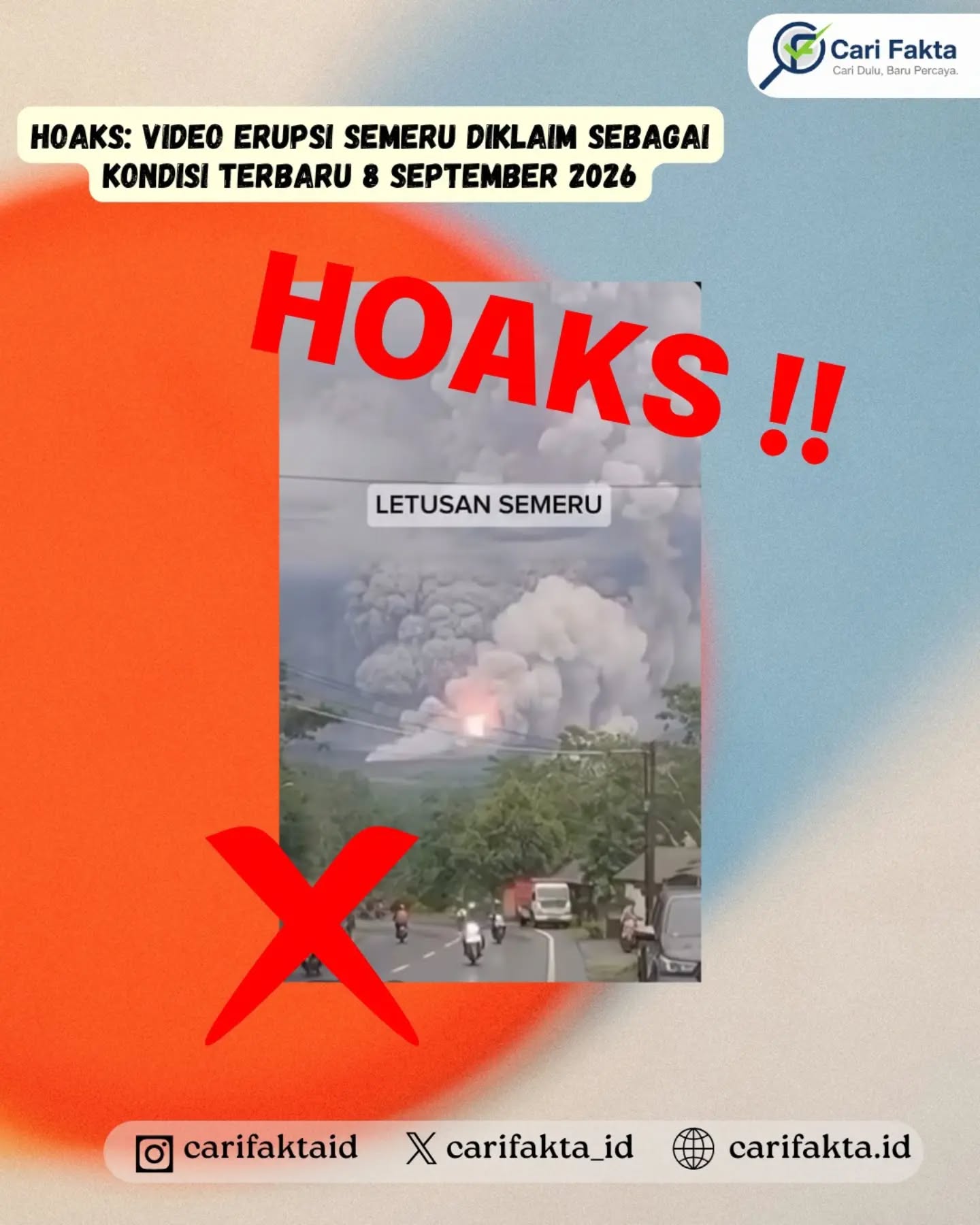 ️HOAKS: Visual Erupsi Gunung Semeru yang Beredar Terindikasi Dibuat dengan AI️¶¶Beredar unggahan di media sosial yang menampilkan visual erupsi Gunung Semeru disertai narasi bahwa Gunung Semeru di Jawa Timur mengalami 25 kali letusan hingga Selasa (8/9/2026) dan masih berstatus Level III (Siaga). Unggahan tersebut seolah-olah menunjukkan kondisi erupsi Gunung Semeru secara nyata pada saat informasi tersebut beredar.¶¶Faktanya, visual yang digunakan dalam unggahan tersebut merupakan konten yang terindikasi dibuat atau dimanipulasi menggunakan teknologi kecerdasan buatan (AI). Hal tersebut dapat terlihat dari sejumlah kejanggalan pada visual, sehingga gambar/video tersebut tidak dapat dianggap sebagai dokumentasi autentik erupsi Gunung Semeru. Meskipun aktivitas erupsi Gunung Semeru memang terjadi, penggunaan visual yang dibuat atau dimanipulasi AI untuk menggambarkan peristiwa nyata dapat menimbulkan persepsi keliru di masyarakat.¶¶Masyarakat diimbau untuk tidak mudah percaya dan menyebarluaskan foto maupun video bencana yang beredar di media sosial. Periksa keaslian visual dan cocokkan informasi dengan sumber resmi sebelum membagikannya, karena teknologi AI dapat menghasilkan gambar atau video yang tampak meyakinkan tetapi tidak menggambarkan kejadian sebenarnya.