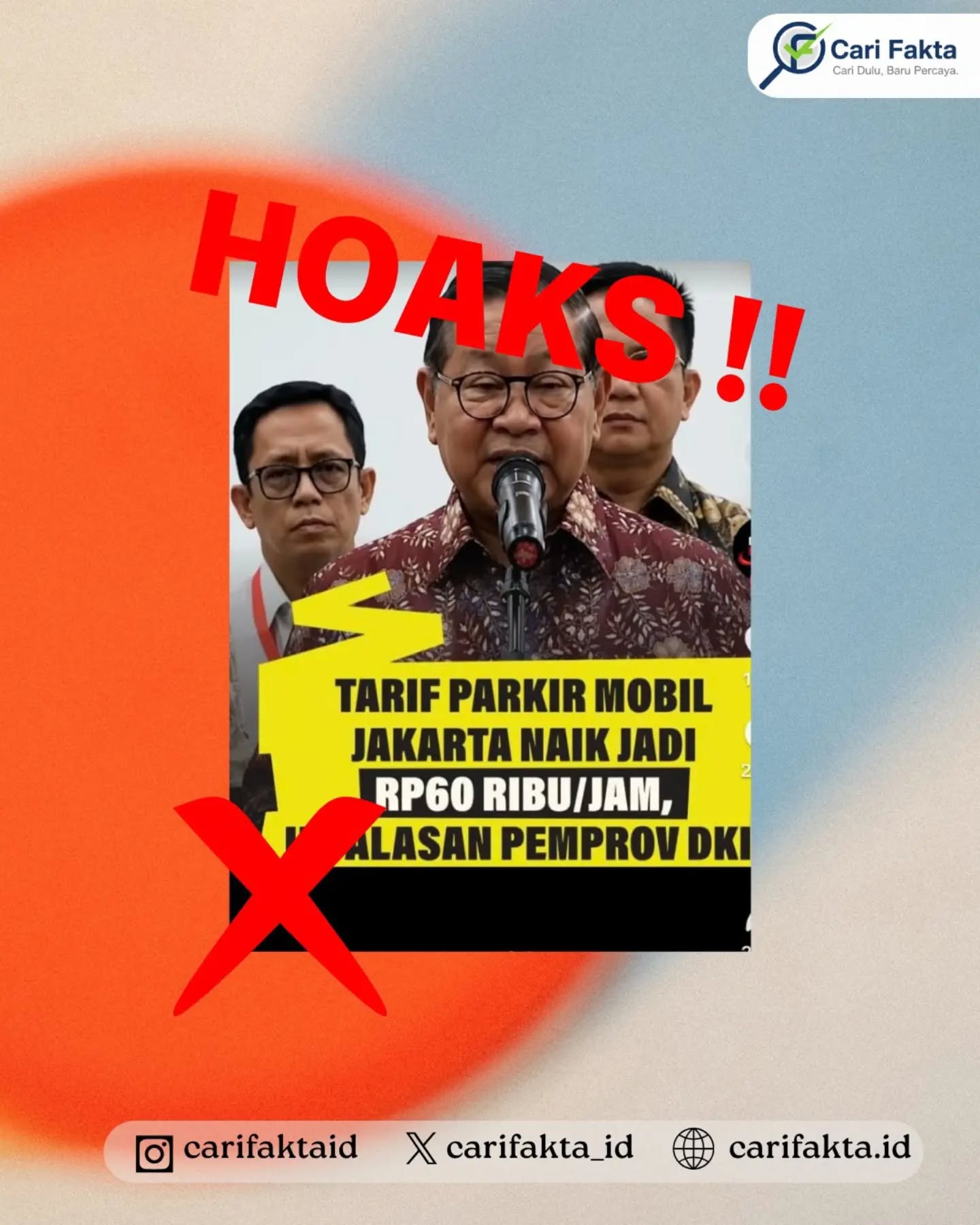 ️HOAKS: Tarif Parkir di Jakarta Ditetapkan Rp60 Ribu per Jam️¶¶Beredar informasi di media sosial yang menyebutkan bahwa tarif parkir di Jakarta telah ditetapkan mencapai Rp60.000 per jam. Informasi tersebut menimbulkan keresahan di masyarakat karena seolah-olah tarif baru tersebut sudah berlaku secara umum di seluruh wilayah Jakarta.¶¶Faktanya, informasi tersebut merupakan hoaks berulang. Hingga saat ini, tidak terdapat penetapan Pemprov DKI Jakarta mengenai tarif parkir sebesar Rp60.000 per jam. Tarif parkir yang berlaku saat ini masih mengacu pada Peraturan Daerah (Perda) Nomor 1 Tahun 2024 tentang Pajak Daerah dan Retribusi Daerah serta Peraturan Gubernur (Pergub) Nomor 31 Tahun 2017 tentang Tarif Layanan Parkir.¶¶Masyarakat diimbau tidak mudah percaya dan menyebarluaskan informasi mengenai perubahan tarif parkir sebelum memastikan kebenarannya melalui sumber resmi pemerintah. Informasi yang belum terverifikasi berpotensi menimbulkan keresahan dan kesalahpahaman di masyarakat.