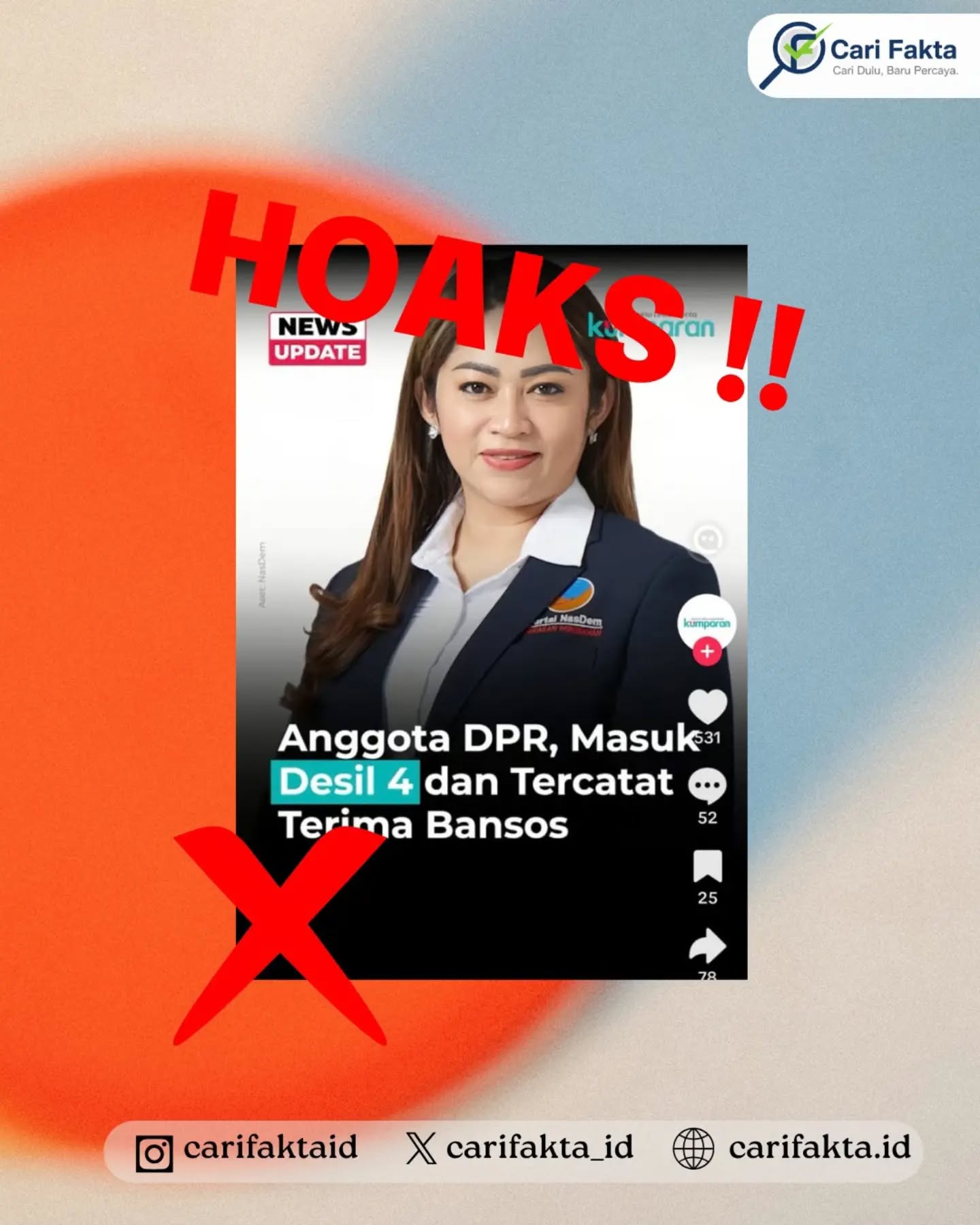️HOAKS: Anggota DPR RI Eva Stevany Rataba Disebut Terdaftar sebagai Penerima Bansos️¶¶Beredar informasi yang menyebut anggota DPR RI Eva Stevany Rataba masuk dalam desil 4 dan terdaftar sebagai penerima bantuan sosial (bansos). Informasi tersebut beredar dan menimbulkan kesan bahwa Eva merupakan penerima bantuan pemerintah.¶¶Faktanya, informasi tersebut keliru. Kementerian Komunikasi dan Digital menyatakan klaim bahwa Eva Stevany Rataba terdaftar sebagai penerima bansos tidak benar. Dinas Sosial Toraja Utara juga menegaskan bahwa Eva tidak pernah terdaftar sebagai penerima PKH maupun bantuan sosial lainnya. Eva memang tercatat dalam desil 4 Data Tunggal Sosial dan Ekonomi Nasional (DTSEN), tetapi status desil tidak otomatis berarti seseorang menerima bansos. ¶¶Eva sendiri telah meminta agar data yang mencantumkan namanya dalam desil 4 diperiksa dan diperbaiki. Oleh karena itu, narasi yang mengaitkan status tersebut dengan penerimaan bansos merupakan informasi yang menyesatkan. ¶¶Masyarakat diimbau untuk tidak mudah percaya dan menyebarluaskan informasi mengenai status penerima bansos sebelum melakukan verifikasi melalui sumber resmi. Pastikan informasi mengenai data sosial dan bantuan pemerintah diperoleh dari instansi yang berwenang agar tidak menimbulkan kesalahpahaman di tengah masyarakat.