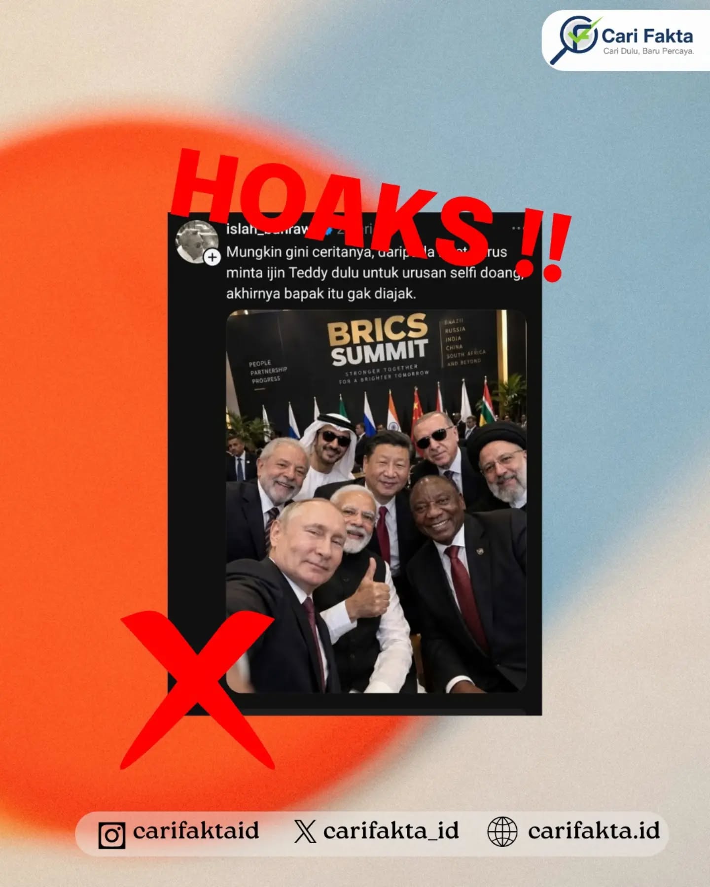 ️Tidak Benar Prabowo Sengaja Tidak Diajak dalam Foto Bersama Pemimpin BRICS️¶¶Beredar unggahan akun Threads islah_bahrawi yang menampilkan foto sejumlah pemimpin negara dalam pertemuan BRICS, tetapi tidak menyertakan Presiden Prabowo Subianto dalam foto tersebut. Unggahan itu disertai narasi yang menyindir ketidakhadiran Prabowo dan menimbulkan kesan bahwa Presiden tidak turut hadir dalam kegiatan tersebut.¶¶Faktanya, berdasarkan perbandingan dengan unggahan resmi Instagram Embassy of Russia, foto Presiden Prabowo Subianto terdapat dalam rangkaian unggahan dokumentasi kegiatan BRICS. Sementara itu, unggahan islah_bahrawi di Threads tidak menampilkan foto Prabowo, sehingga penyajian informasi tersebut dinilai menyesatkan. Dengan demikian, konten tersebut perlu diklarifikasi agar tidak menimbulkan persepsi keliru mengenai kehadiran Presiden Prabowo dalam kegiatan BRICS.¶¶Masyarakat diimbau untuk tidak mudah percaya terhadap narasi yang menyertai foto atau video di media sosial. Lakukan pemeriksaan melalui sumber resmi, termasuk akun lembaga terkait, sebelum menyimpulkan kebenaran suatu informasi. Jangan menyebarkan konten yang dipotong, dimanipulasi, atau disertai narasi menyesatkan karena dapat memengaruhi pemahaman masyarakat terhadap suatu peristiwa.