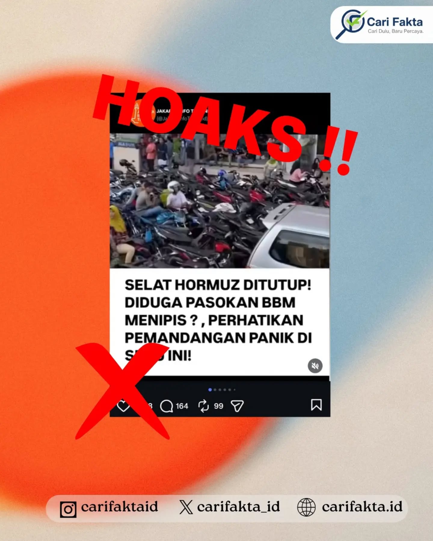 ️HOAKS: Penutupan Selat Hormuz Disebut Picu Kelangkaan BBM dan Antrean Panjang di SPBU️¶¶Beredar unggahan di Instagram yang menampilkan video antrean panjang kendaraan di sebuah SPBU dengan narasi “Selat Hormuz ditutup! Diduga pasokan BBM menipis, perhatikan pemandangan panik di SPBU ini!”. Unggahan tersebut juga menyebut penutupan Selat Hormuz dan serangan terhadap infrastruktur energi di Timur Tengah menyebabkan krisis pasokan minyak global hingga berdampak pada kelangkaan BBM di Indonesia. Narasi tersebut dapat menimbulkan kepanikan dan kekhawatiran masyarakat terkait ketersediaan BBM.¶¶Faktanya, video yang digunakan dalam unggahan tersebut merupakan konten lama yang kembali diunggah dan dikaitkan dengan situasi terkini secara menyesatkan. Rekaman antrean kendaraan di SPBU bukan bukti bahwa saat ini terjadi kelangkaan BBM akibat penutupan Selat Hormuz. Video tersebut diketahui berasal dari konten yang sebelumnya telah beredar dan dicantumkan ulang oleh akun agregator, sehingga konteks waktu dan peristiwa aslinya tidak sesuai dengan narasi yang menyertainya. Dengan demikian, unggahan tersebut merupakan konten hoaks atau misleading karena menggunakan video lama untuk menggambarkan kondisi seolah-olah terjadi saat ini.¶¶Masyarakat diimbau untuk tidak mudah percaya dan menyebarkan kembali konten yang menampilkan situasi kepanikan tanpa memastikan waktu dan sumber asli video. Lakukan verifikasi melalui kanal resmi pemerintah, Pertamina, maupun media kredibel sebelum mempercayai informasi mengenai ketersediaan dan harga BBM. Jangan sampai konten lama yang dikemas dengan narasi baru menimbulkan kepanikan di tengah masyarakat.