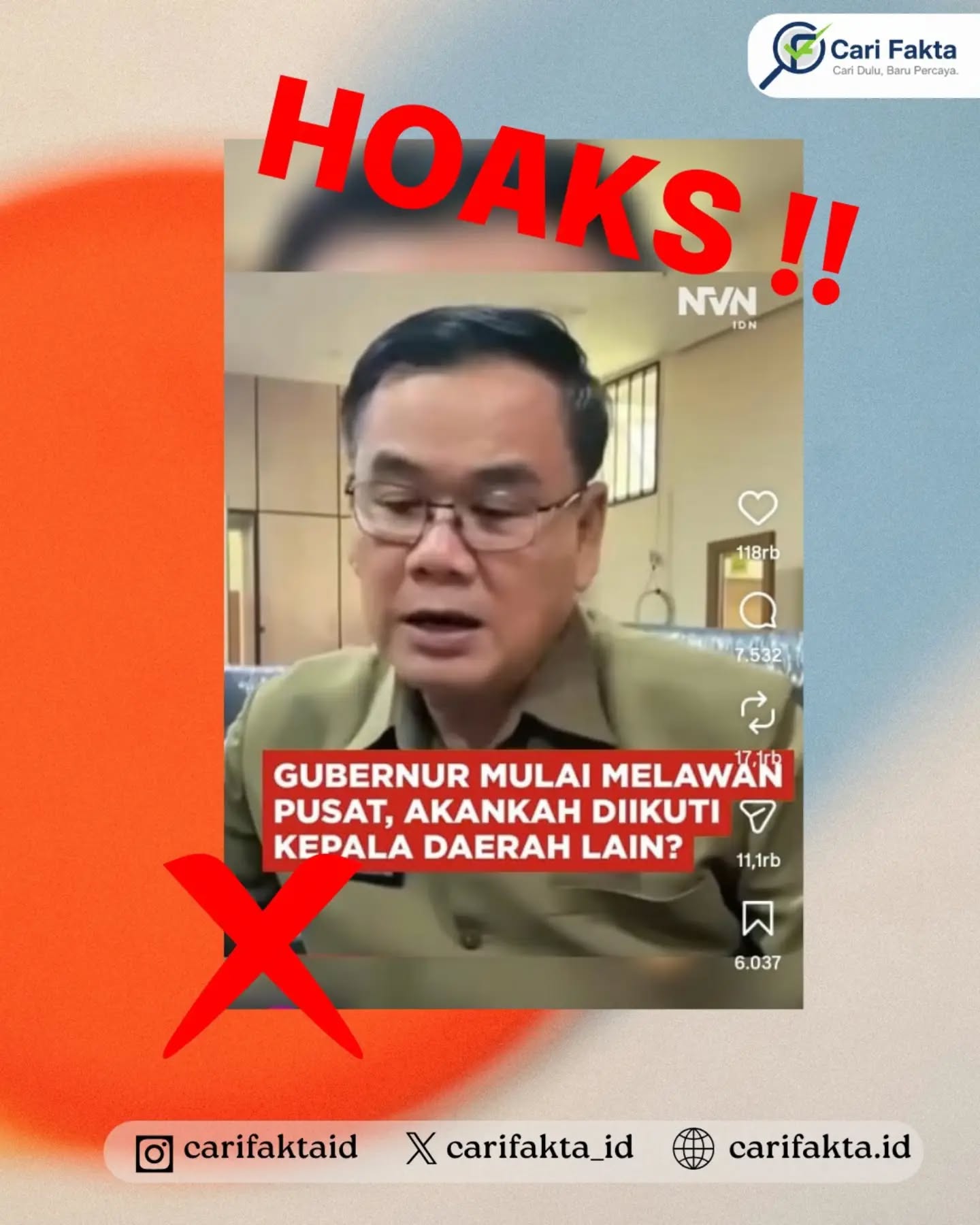 ️HOAKS: Kunjungan Menhut Raja Juli Antoni ke Kalbar Disebut Picu Gubernur Melawan Pemerintah Pusat️¶¶Beredar unggahan video di media sosial yang menarasikan bahwa Gubernur Kalimantan Barat mulai “melawan pusat” dan mempertanyakan apakah langkah tersebut akan diikuti kepala daerah lainnya. Narasi tersebut dikaitkan dengan kunjungan kerja Menteri Kehutanan Raja Juli Antoni ke Kalimantan Barat. ¶¶Faktanya, narasi tersebut menyesatkan. Pemberitaan Jurnal Borneo menyebut pernyataan mengenai kunjungan Raja Juli Antoni disampaikan oleh Agus Sudarmansyah, Ketua Fraksi PDI Perjuangan DPRD Kalbar sekaligus anggota Komisi IV DPRD Kalbar. Ia mempertanyakan hasil kunjungan Menteri Kehutanan dan mendesak adanya solusi konkret terkait karhutla. Pernyataan tersebut kemudian dikemas dalam unggahan dengan narasi seolah-olah Gubernur Kalbar sedang melawan pemerintah pusat, padahal konteks pemberitaan tidak demikian. ¶¶Masyarakat diimbau untuk tidak mudah percaya pada potongan video atau judul yang provokatif. Pastikan membaca informasi secara utuh dan memeriksa sumber asli agar tidak salah memahami siapa yang menyampaikan pernyataan serta konteks persoalan yang sedang dibahas.