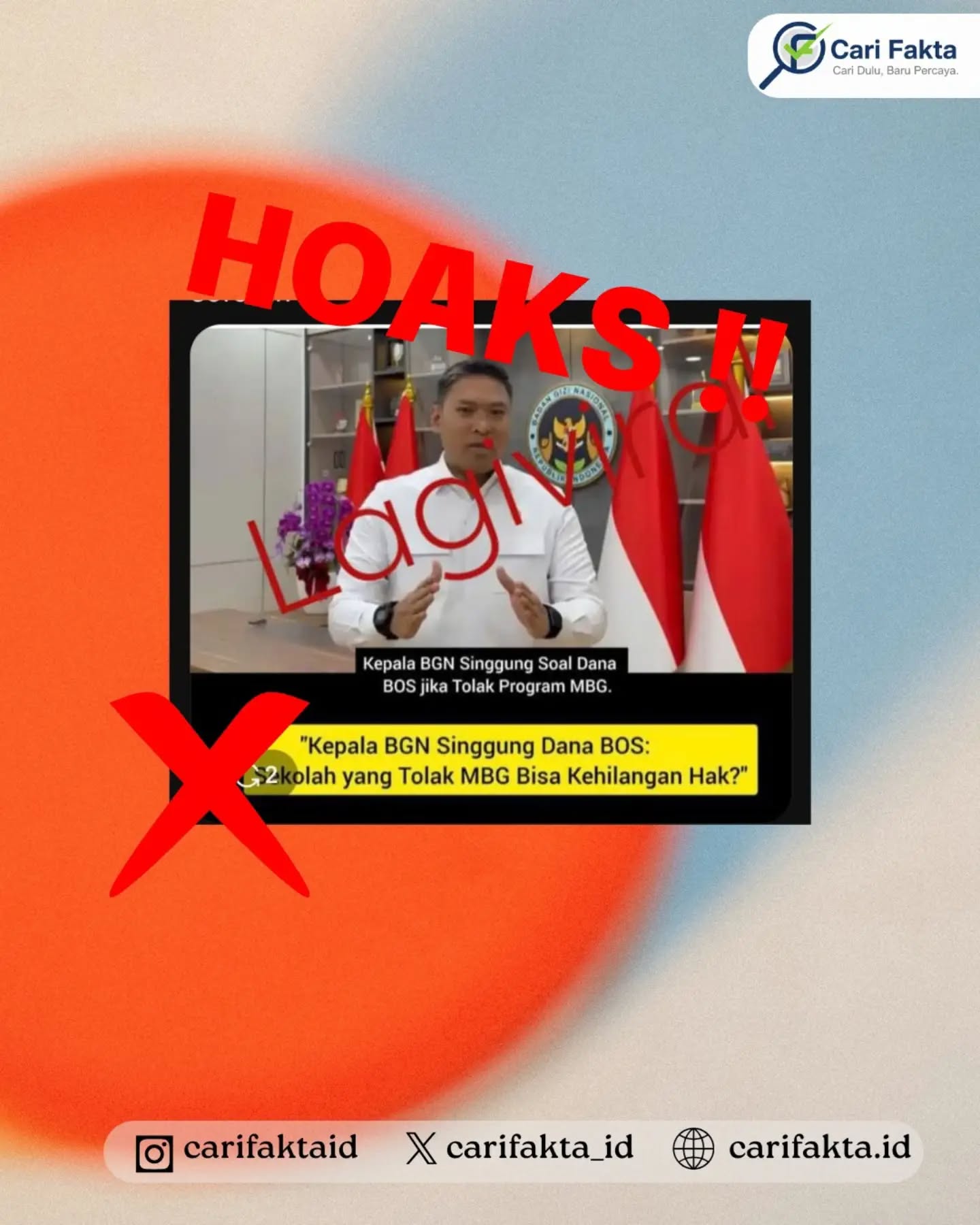 ️HOAKS: Sekolah yang Menolak MBG Disebut Akan Kehilangan Dana BOS️¶¶Beredar unggahan di media sosial yang mengaitkan penolakan Program Makan Bergizi Gratis (MBG) dengan pencabutan atau hilangnya Dana BOS. Narasi tersebut seolah-olah menyebut sekolah akan kehilangan hak atas Dana BOS apabila menolak program MBG.¶¶Faktanya, klaim tersebut keliru. Kepala BGN Sudaryono menjelaskan bahwa sekolah negeri dapat menolak MBG apabila sekolah dan seluruh wali murid sepakat. Dana BOS yang disebut dalam pernyataan tersebut merujuk pada sekolah yang memang sebelumnya sudah menolak atau tidak membutuhkan Dana BOS, bukan dana BOS yang dicabut karena sekolah menolak MBG. Jadi, menolak MBG tidak otomatis menyebabkan Dana BOS dicabut atau dihentikan. ¶¶Masyarakat diimbau tidak mudah percaya pada potongan video atau narasi yang mengubah konteks pernyataan. Pastikan membaca informasi secara utuh dan memeriksa sumber terpercaya sebelum membagikannya.