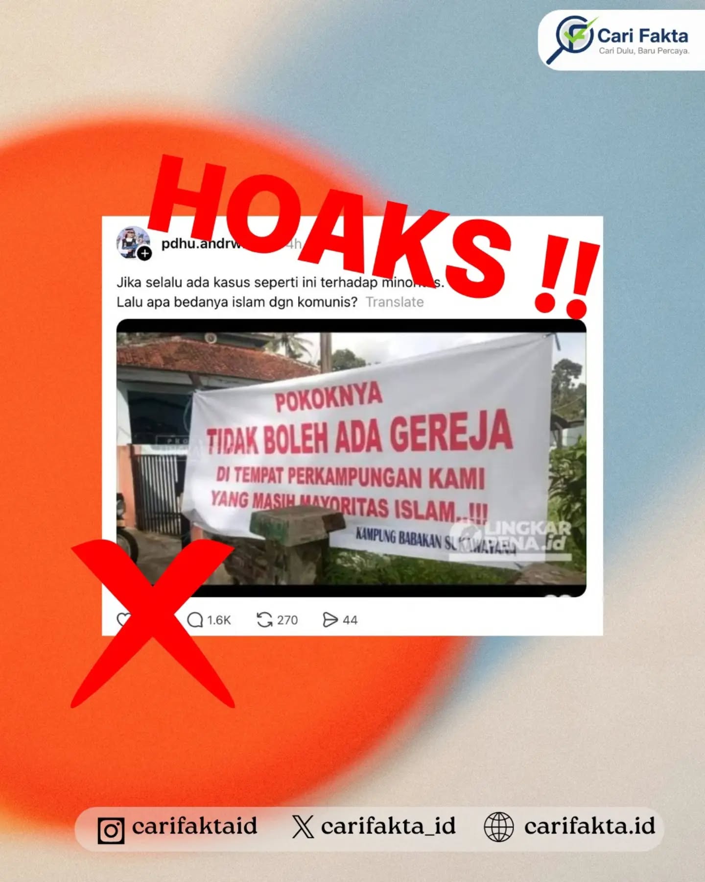 ️HOAKS: Unggahan Lama Penolakan Pembangunan Gereja di Cikakak Kembali Disebar dan Berpotensi Memprovokasi️¶¶Beredar kembali di Threads sebuah unggahan yang menampilkan foto spanduk bertuliskan “Pokoknya tidak boleh ada gereja di tempat perkampungan kami yang masih mayoritas Islam”. Unggahan tersebut disertai narasi yang mempertanyakan perlakuan terhadap kelompok minoritas. Penyebaran kembali foto tersebut tanpa mencantumkan konteks waktu berpotensi membuat pengguna media sosial mengira bahwa peristiwa tersebut merupakan kejadian yang baru terjadi.¶¶Faktanya, foto tersebut merupakan dokumentasi peristiwa lama pada 2020. Foto tersebut berasal dari pemberitaan Lingkarpena.id mengenai penolakan rencana pembangunan Gereja Masehi Advent Hari Ketujuh (GMAHK) di Kampung Babakan Sukawayana, Desa Cikakak, Kabupaten Sukabumi. Artikel dengan judul “Warga Cikakak Tolak Rencana GMAHK Bangun Gereja, Ini Alasannya” telah diterbitkan pada 18 Desember 2020. Artinya, peristiwa yang ditampilkan dalam unggahan tersebut bukan kejadian baru yang sedang berlangsung. Penyajian kembali foto lama tanpa keterangan waktu dapat menyesatkan publik mengenai konteks peristiwa.¶¶Penggunaan kembali konten lama tanpa konteks, terlebih disertai narasi yang membenturkan kelompok agama, berpotensi menjadi konten provokatif. Narasi tersebut dapat memancing kemarahan, memperkuat prasangka terhadap kelompok tertentu, serta menggiring pengguna untuk menganggap persoalan lokal yang terjadi pada 2020 sebagai gambaran kondisi masyarakat saat ini. ¶¶Masyarakat diimbau tidak mudah terpancing oleh unggahan yang menggunakan foto atau berita lama untuk membangun kesan seolah-olah suatu peristiwa sedang terjadi. Selalu periksa tanggal publikasi dan sumber asli sebelum membagikan informasi, terutama konten yang membawa isu agama dan berpotensi memecah kerukunan. Jangan memberikan ruang bagi konten yang dapat memicu konflik hanya karena dikemas dengan narasi yang provokatif.