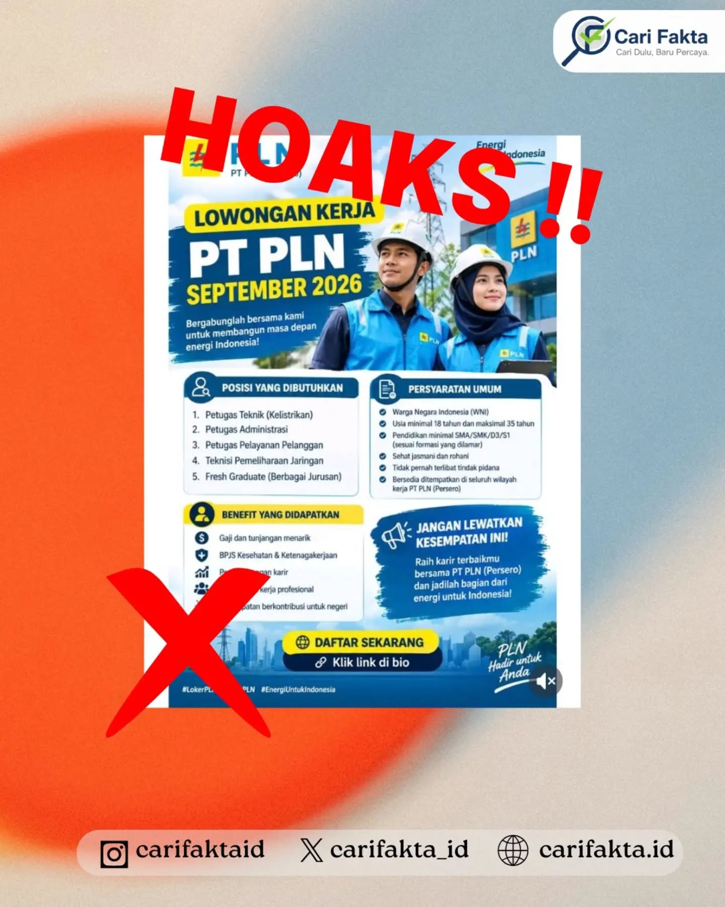 ️HOAKS: Beredar Informasi Lowongan Kerja PT PLN September 2026️¶¶Beredar unggahan di media sosial yang mengklaim PT PLN (Persero) membuka lowongan kerja September 2026 untuk sejumlah posisi, seperti petugas teknik, administrasi, pelayanan pelanggan, teknisi pemeliharaan jaringan, dan fresh graduate. Unggahan tersebut juga mengarahkan masyarakat untuk mendaftar melalui tautan pada bio akun yang membagikannya.¶¶Faktanya, informasi tersebut adalah hoaks. Komdigi menjelaskan bahwa tautan yang beredar mengarah ke formulir yang meminta data pribadi, termasuk nama lengkap sesuai KTP dan nomor Telegram aktif. Tautan tersebut diduga merupakan modus phishing atau pencurian data. Komdigi juga menegaskan bahwa rekrutmen pegawai PLN hanya dilakukan melalui laman resmi rekrutmen.pln.co.id dan saat klarifikasi diterbitkan, PLN tidak sedang membuka rekrutmen untuk posisi apa pun. ¶¶Masyarakat diimbau tidak sembarangan mengisi data pribadi melalui tautan lowongan kerja yang beredar di media sosial. Pastikan informasi rekrutmen berasal dari kanal resmi PLN dan jangan memberikan data pribadi sebelum memastikan keaslian informasi tersebut. Komdigi juga mengingatkan bahwa penipuan berkedok lowongan kerja masih menjadi ancaman di ruang digital.