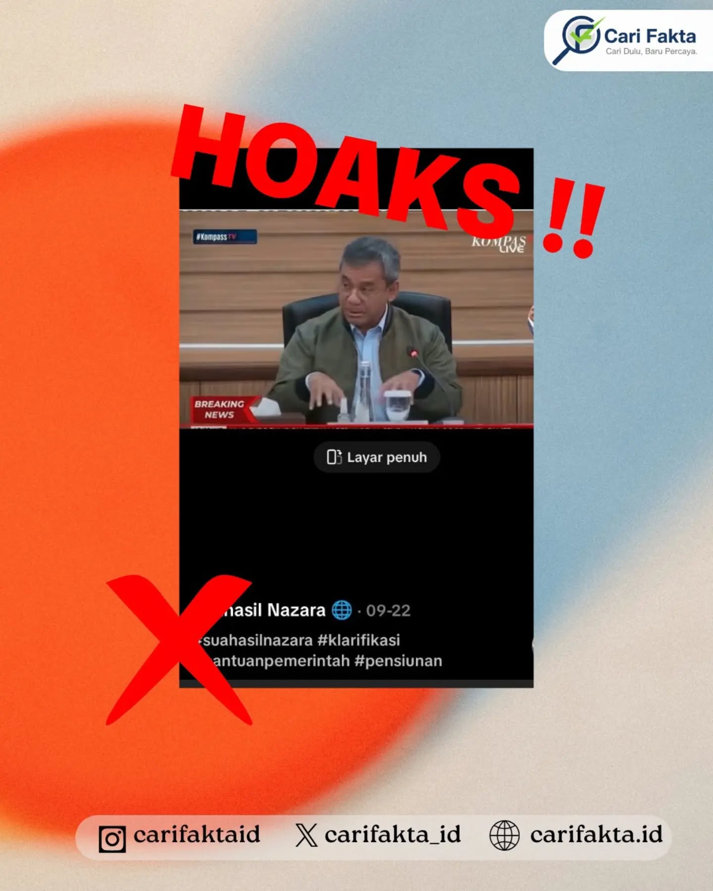 HOAKS: Menkeu Suahasil Nazara Umumkan Program Bantuan Pensiunan¶¶Beredar di media sosial sebuah video yang menampilkan Menteri Keuangan Suahasil Nazara seolah-olah mengumumkan adanya program bantuan bagi para pensiunan dan mengajak masyarakat untuk mendaftarkan diri. Video tersebut menggunakan tampilan siaran Kompas TV sehingga memberikan kesan seolah informasi tersebut merupakan pemberitaan resmi.¶¶Faktanya, klaim tersebut merupakan hoaks. Kementerian Komunikasi dan Digital (Komdigi) telah mengklarifikasi bahwa Suahasil Nazara tidak pernah mengumumkan program bantuan pensiunan tersebut. Penelusuran menunjukkan video yang beredar merupakan hasil manipulasi menggunakan kecerdasan buatan (AI). ¶¶Masyarakat diimbau tidak mudah percaya dan menyebarkan informasi mengenai bantuan pemerintah yang beredar di media sosial, terutama apabila disertai ajakan mendaftar melalui nomor kontak atau tautan tertentu. Pastikan informasi mengenai program pemerintah diperoleh melalui kanal resmi Kementerian Keuangan, pemerintah, atau lembaga terkait. Jangan memberikan data pribadi kepada pihak yang tidak dapat diverifikasi untuk menghindari potensi penipuan dan pencurian data.