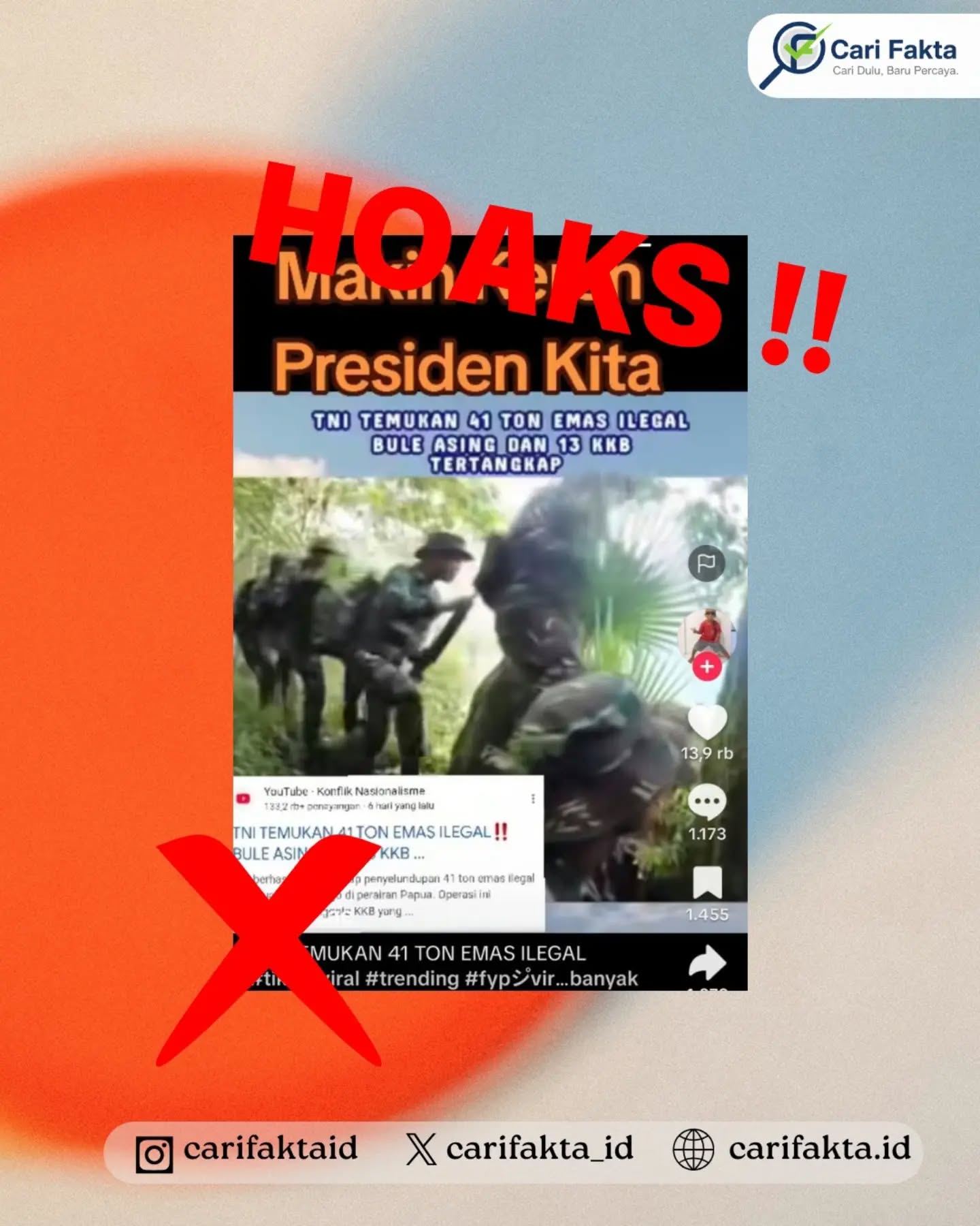 HOAKS: TNI Disebut Temukan 40–41 Ton Emas Ilegal dari WNA dan KKB di Papua¶¶Beredar unggahan di media sosial yang mengeklaim TNI menemukan dan menyita 40 hingga 41 ton emas ilegal milik warga negara asing (WNA) dan kelompok kriminal bersenjata (KKB) di Papua. Unggahan tersebut menampilkan potongan video aparat di lapangan dan narasi seolah-olah penemuan emas dalam jumlah fantastis tersebut merupakan hasil operasi TNI.¶¶Faktanya, klaim tersebut hoaks dan menyesatkan. Hasil verifikasi pemeriksa fakta menunjukkan tidak ada bukti kredibel mengenai TNI yang menemukan atau menyita emas ilegal seberat 40–41 ton dalam satu operasi di Papua. Video yang digunakan dalam unggahan tersebut merupakan potongan rekaman dari peristiwa atau simulasi lain yang tidak berkaitan dengan penyitaan puluhan ton emas ilegal.¶¶Memang terdapat operasi penertiban terhadap aktivitas pertambangan emas ilegal di sejumlah wilayah Papua, termasuk penindakan terhadap kegiatan tambang tanpa izin. Namun, hal tersebut tidak dapat dijadikan bukti bahwa aparat menemukan atau menyita emas ilegal seberat 40–41 ton seperti yang diklaim dalam unggahan.¶¶Masyarakat diimbau untuk tidak mudah percaya pada informasi yang menggunakan angka fantastis dan potongan video tanpa konteks. Pastikan kebenaran informasi melalui sumber resmi atau lembaga pemeriksa fakta sebelum membagikan kembali.
