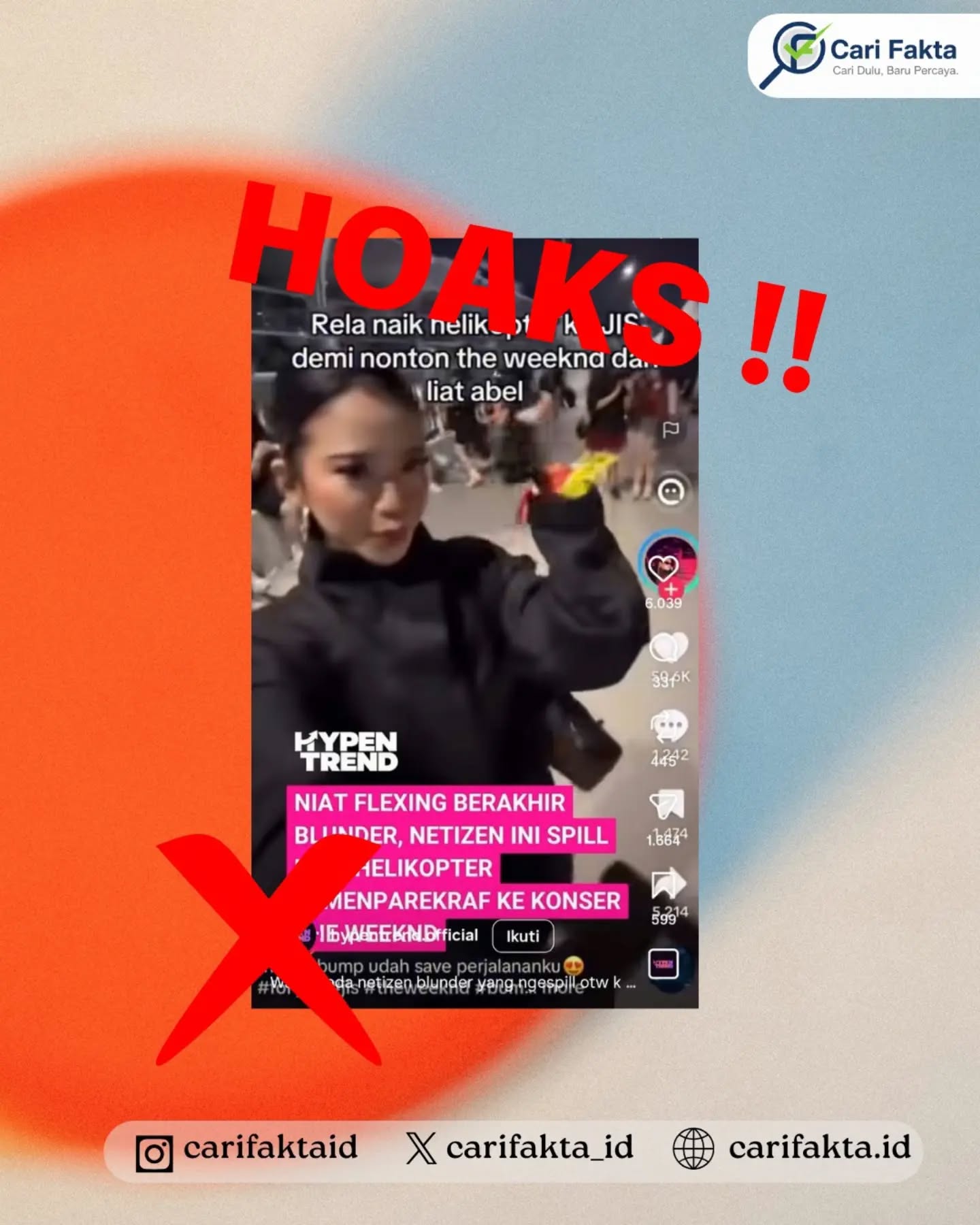 HOAKS: Helikopter Berlogo Kemenparekraf Disebut Dipakai untuk Nonton Konser The Weeknd¶¶Beredar unggahan video yang memperlihatkan seorang perempuan menaiki helikopter berlogo Kementerian Pariwisata dan Ekonomi Kreatif (Kemenparekraf). Video tersebut disertai narasi yang menyebut helikopter digunakan untuk menuju Jakarta International Stadium (JIS) demi menonton konser The Weeknd. Unggahan itu kemudian viral dan menimbulkan anggapan bahwa helikopter dinas kementerian digunakan untuk kepentingan pribadi.¶¶Faktanya, klaim tersebut tidak benar. Pengunggah video telah memberikan klarifikasi bahwa rekaman saat menaiki helikopter tersebut bukan diambil ketika hendak menonton konser The Weeknd. Video tersebut merupakan rekaman lama dari tahun 2025 yang berkaitan dengan layanan helikopter komersial Helicity, yang dioperasikan oleh Whitesky Aviation.¶¶Helicity sebelumnya memang memiliki kerja sama promosi pariwisata dengan pemerintah. Dengan demikian, helikopter dalam video tersebut bukan helikopter dinas Kemenparekraf yang digunakan untuk mengantar penonton konser. Video lama tersebut kembali beredar berdekatan dengan konser The Weeknd di JIS pada 26–27 September 2026 sehingga menimbulkan konteks yang keliru.¶¶Masyarakat diimbau untuk tidak langsung mempercayai informasi yang beredar di media sosial. Periksa tanggal dan konteks asli sebuah video serta cari klarifikasi dari sumber terpercaya sebelum membagikan informasi agar tidak ikut menyebarkan hoaks.