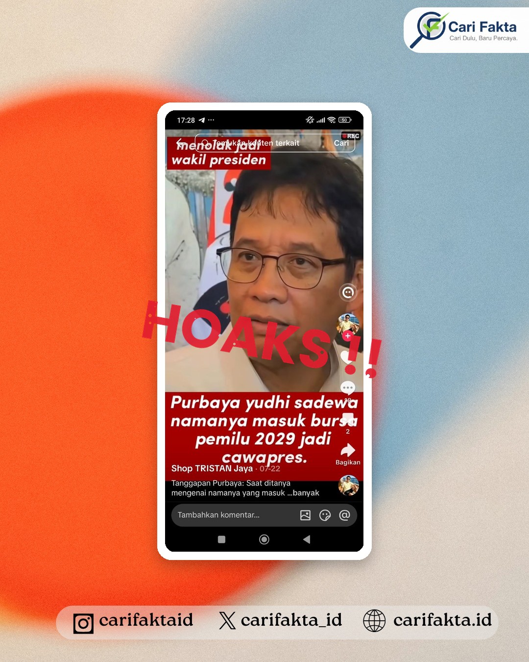 HOAKS: Video Purbaya Menolak Dicalonkan Wapres¶¶Beredar video yang diklaim menampilkan mantan Menteri Keuangan Purbaya Yudhi Sadewa menolak dicalonkan menjadi Wakil Presiden RI, dengan narasi ia hanya ingin mengembalikan harga bensin, beras, dan sembako tetap murah seperti zaman Pak Soeharto.¶¶Tim Cari Fakta menelusuri video itu dengan reverse image search: rekaman aslinya adalah unggahan Facebook iNews pada 30 Januari 2026, saat Purbaya (masih menjabat Menkeu) membahas pengunduran diri Dirut BEI Iman Rachman — bukan pencalonan wapres. Uji Hive Moderation mendeteksi suara video yang beredar sebagai AI generatif dengan probabilitas 99,4%.¶¶#carifakta #cekfakta #hoaks #purbaya #disinformasi #saringsebelumsharing¶¶Sumber: Kompas.com · TurnBackHoax (ANTARA)