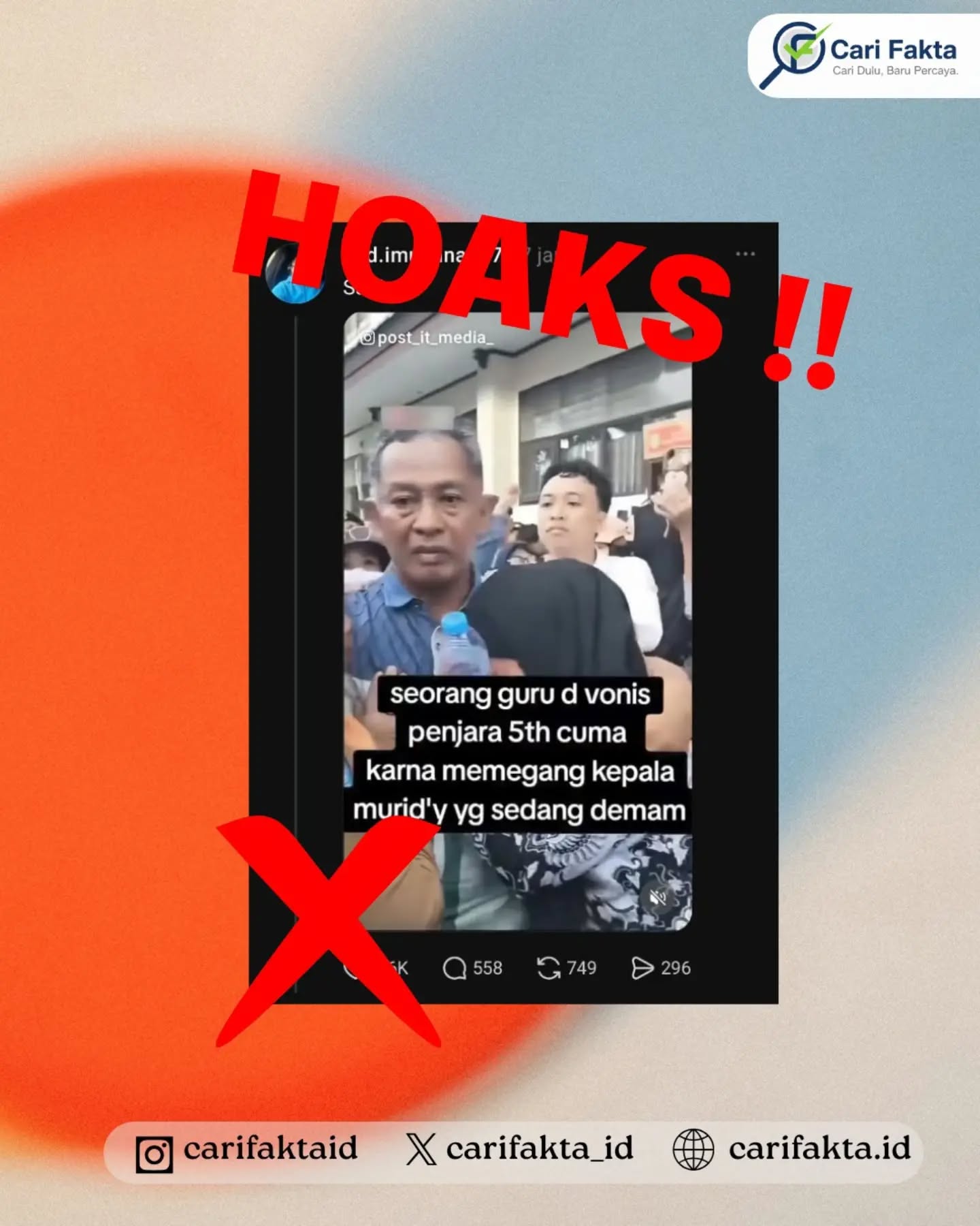HOAKS: Guru Divonis 5 Tahun Penjara Hanya karena Memegang Kepala Murid yang Sedang Demam¶¶Beredar unggahan di media sosial yang menyebut seorang guru divonis lima tahun penjara hanya karena memegang kepala murid yang sedang demam. Narasi tersebut menimbulkan persepsi bahwa guru tersebut dipenjara akibat tindakan sederhana saat memeriksa kondisi muridnya.¶¶Faktanya, informasi tersebut menyesatkan. Berdasarkan keterangan resmi Mahkamah Agung, perkara yang menjerat guru bernama Mansur di Kendari, Sulawesi Tenggara, berkaitan dengan tindak pidana terhadap anak berupa dugaan pencabulan. Oleh karena itu, klaim bahwa hukuman lima tahun penjara dijatuhkan semata-mata karena memegang kepala murid yang sedang demam tidak menggambarkan fakta perkara secara utuh.¶¶Masyarakat diimbau untuk tidak mudah percaya dan tidak menyebarluaskan informasi yang belum terverifikasi. Selalu periksa sumber resmi dan pahami konteks suatu perkara secara menyeluruh agar tidak terpengaruh oleh narasi yang menyesatkan serta tidak ikut menyebarkan hoaks.