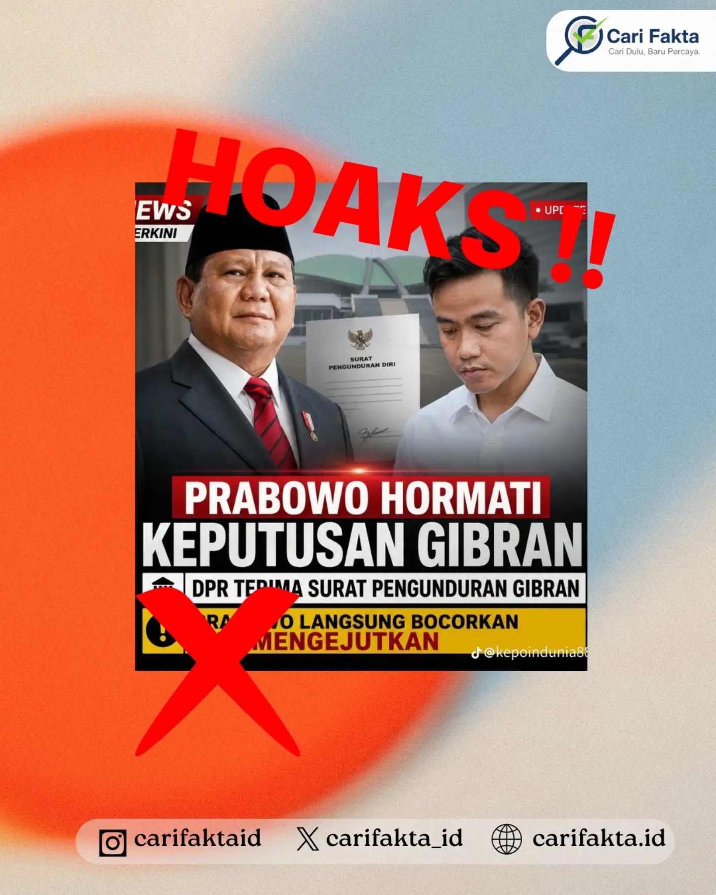 HOAKS: Prabowo Hormati Keputusan Gibran, DPR Disebut Terima Surat Pengunduran Diri sebagai Wakil Presiden¶¶Beredar di media sosial sebuah gambar dengan narasi yang mengklaim bahwa Presiden Prabowo Subianto menghormati keputusan Gibran Rakabuming Raka untuk mengundurkan diri sebagai Wakil Presiden RI. Unggahan tersebut juga menyebut DPR telah menerima surat pengunduran diri Gibran dan menjanjikan adanya hal mengejutkan terkait keputusan tersebut.¶¶Faktanya, klaim tersebut tidak didukung bukti atau informasi resmi yang dapat dipertanggungjawabkan. Tidak ditemukan bukti kredibel bahwa Gibran Rakabuming Raka mengundurkan diri dari jabatan Wakil Presiden maupun bahwa DPR telah menerima surat pengunduran dirinya. Gambar yang beredar juga patut diwaspadai karena terindikasi merupakan konten manipulatif berbasis kecerdasan buatan (AI). Dengan demikian, narasi tersebut menyesatkan dan tidak dapat dijadikan sumber informasi yang benar.¶¶Masyarakat diimbau untuk tidak mudah percaya, terpancing, atau menyebarluaskan informasi yang belum terverifikasi. Periksa kebenaran informasi melalui kanal resmi pemerintah dan media kredibel sebelum membagikannya agar tidak ikut menyebarkan hoaks.